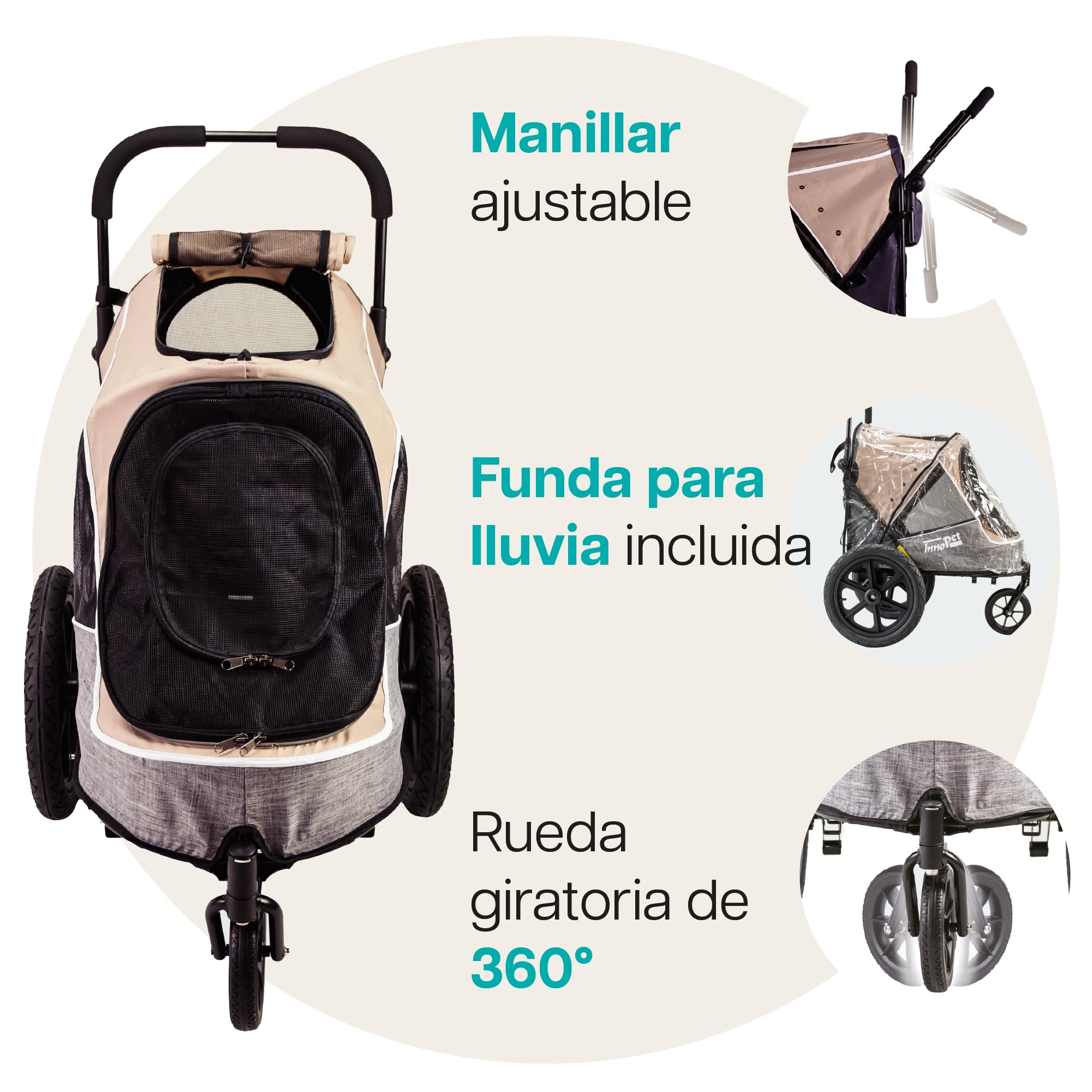 Innopet Sporty Evolution Latte - Cochecito y remolque para perros 2 en 1 beige/gris, hasta 30kg, con cubierta de lluvia, reflectores y correas de seguridad