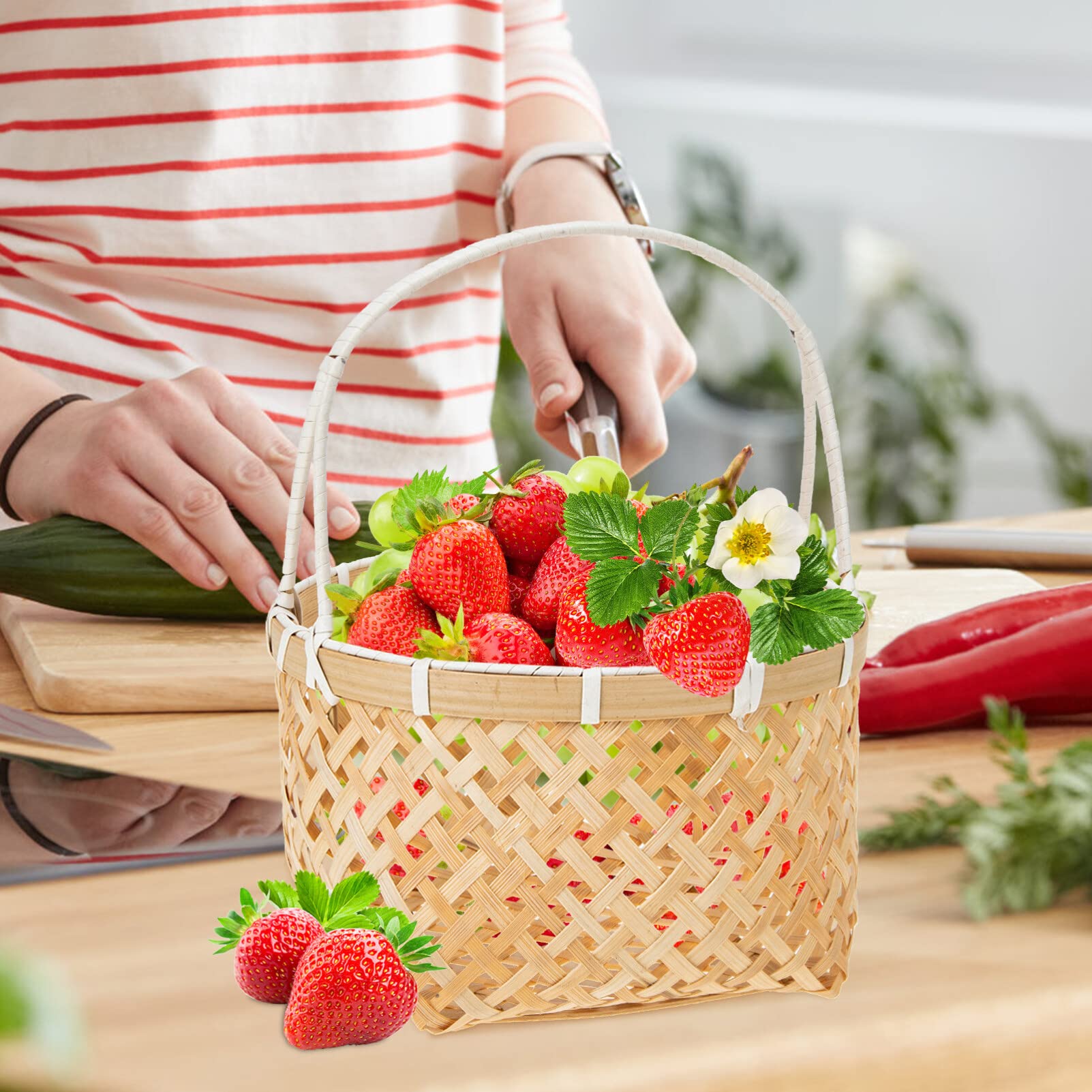 Cestini intrecciati grandi in bambù portatili da picnic, portafrutta