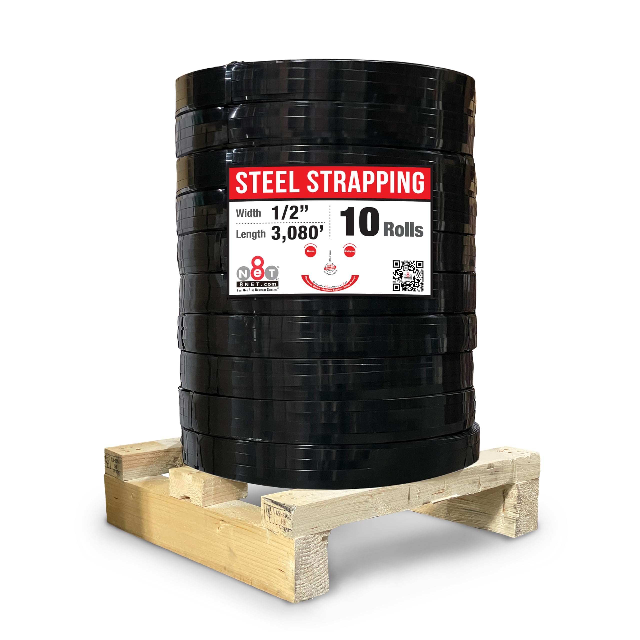 8NET Steel Strapping Band, 3,080' Length x 1/2'' Width x 0.020'' Thickness (1,170 lbs Break Strength), Cut Resistant Pallet Banding, Heavy Duty Metal Strap (10 Rolls)