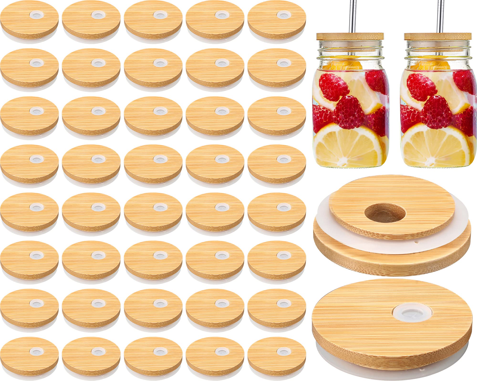 Sieral Tapas de tarro de bambú de 70 mm con agujero para popote para vasos de vidrio, tapas de tarro de madera reutilizables para latas de cerveza, tapas de conservas de 2.75 pulgadas con anillo de