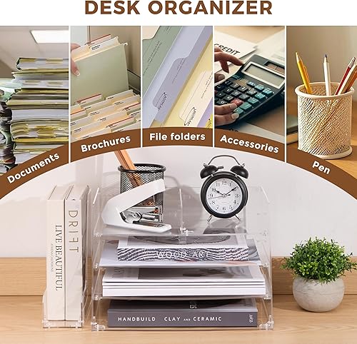 Miniatura 6 de Organizador de escritorio de acrílico, bandeja de 4 niveles con soporte vertical para archivadores, libros, papelería, cartas, revistas, documentos