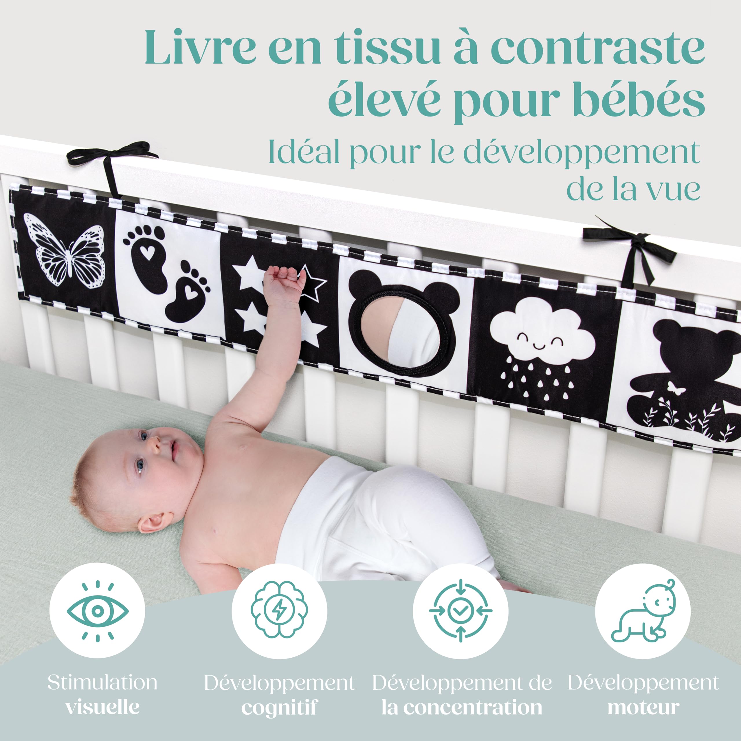 WELLODE Livre Tissu Bébé Eveil 0 3 6 12 Mois - Livre Noir et Blanc Bébé Montessori - Livre Sensoriel Bébé Naissance - Jeux Eveil Bebe 0 3 6 Mois - Tummy Time Bébé - Cadeau Parfait pour Bébé