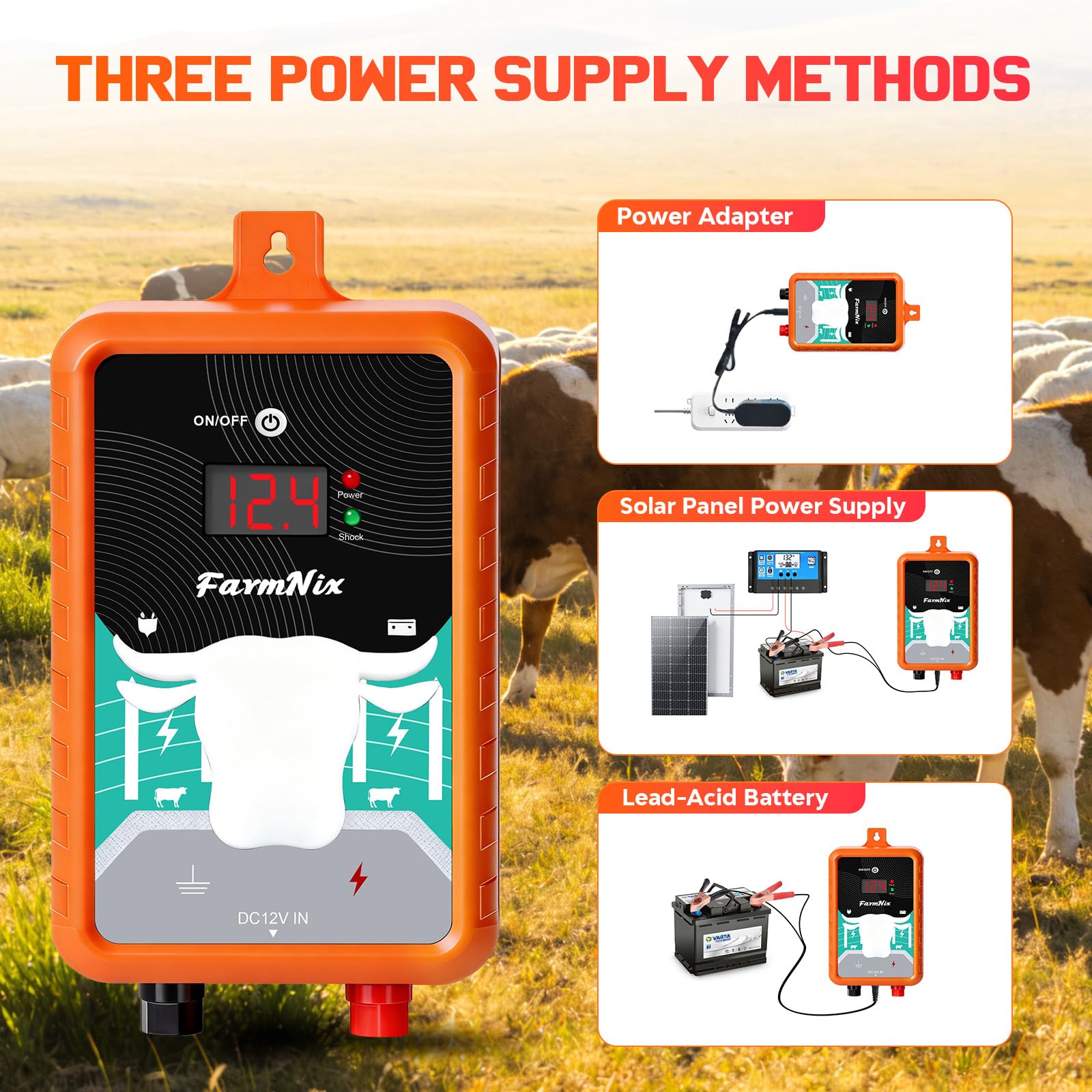 Electrificador de valla eléctrica de 4 julios, 24 km/15 millas, alimentación de energía/batería/solar – IP65 impermeable, impacto potente para la protección de los animales y disuasión de los grandes