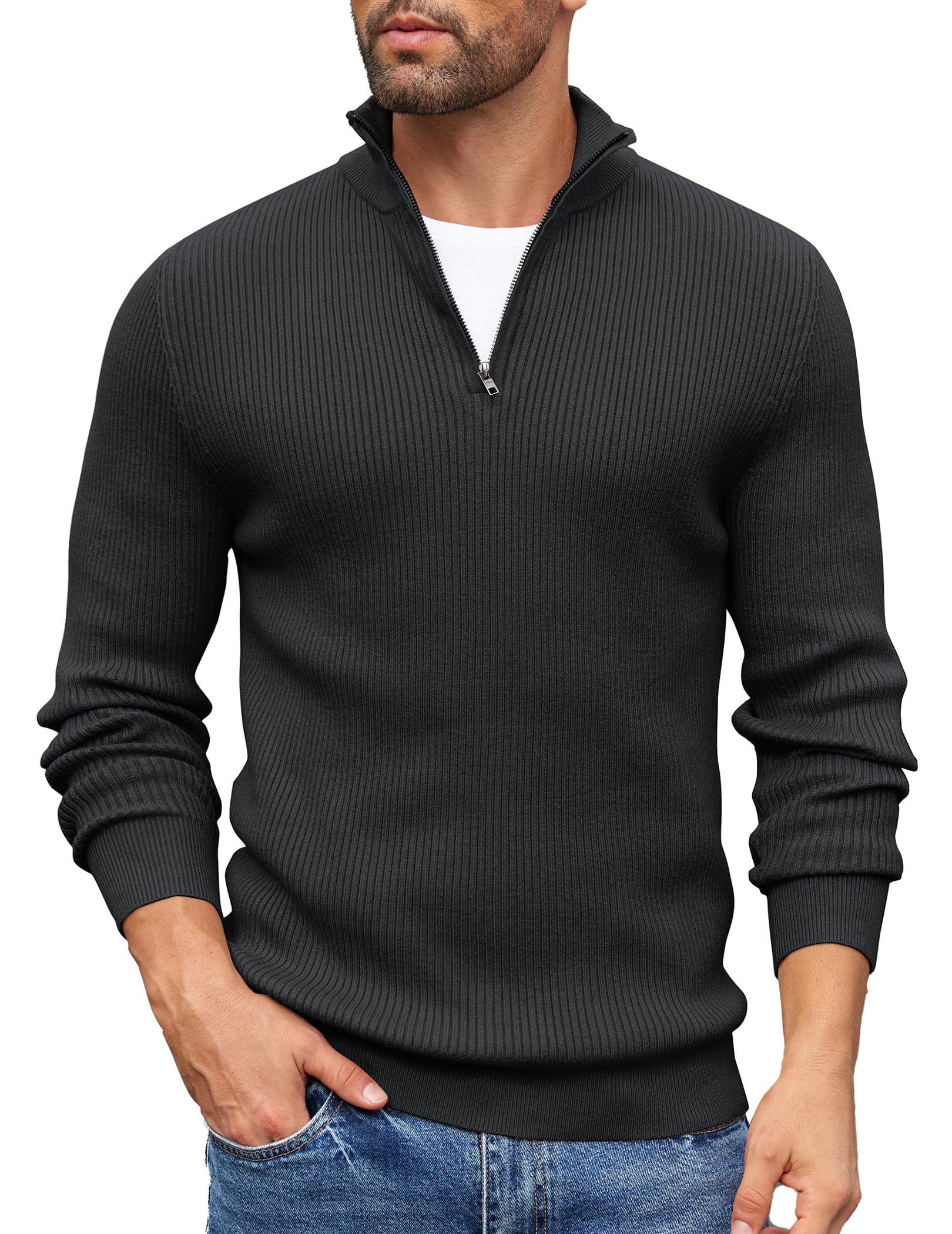 COOFAND Maglione Uomo a Maglia con Zip 1/4 Morbido Pullover Dolcevita Classico Maglia Invernale Regular Fit con Collo Alto