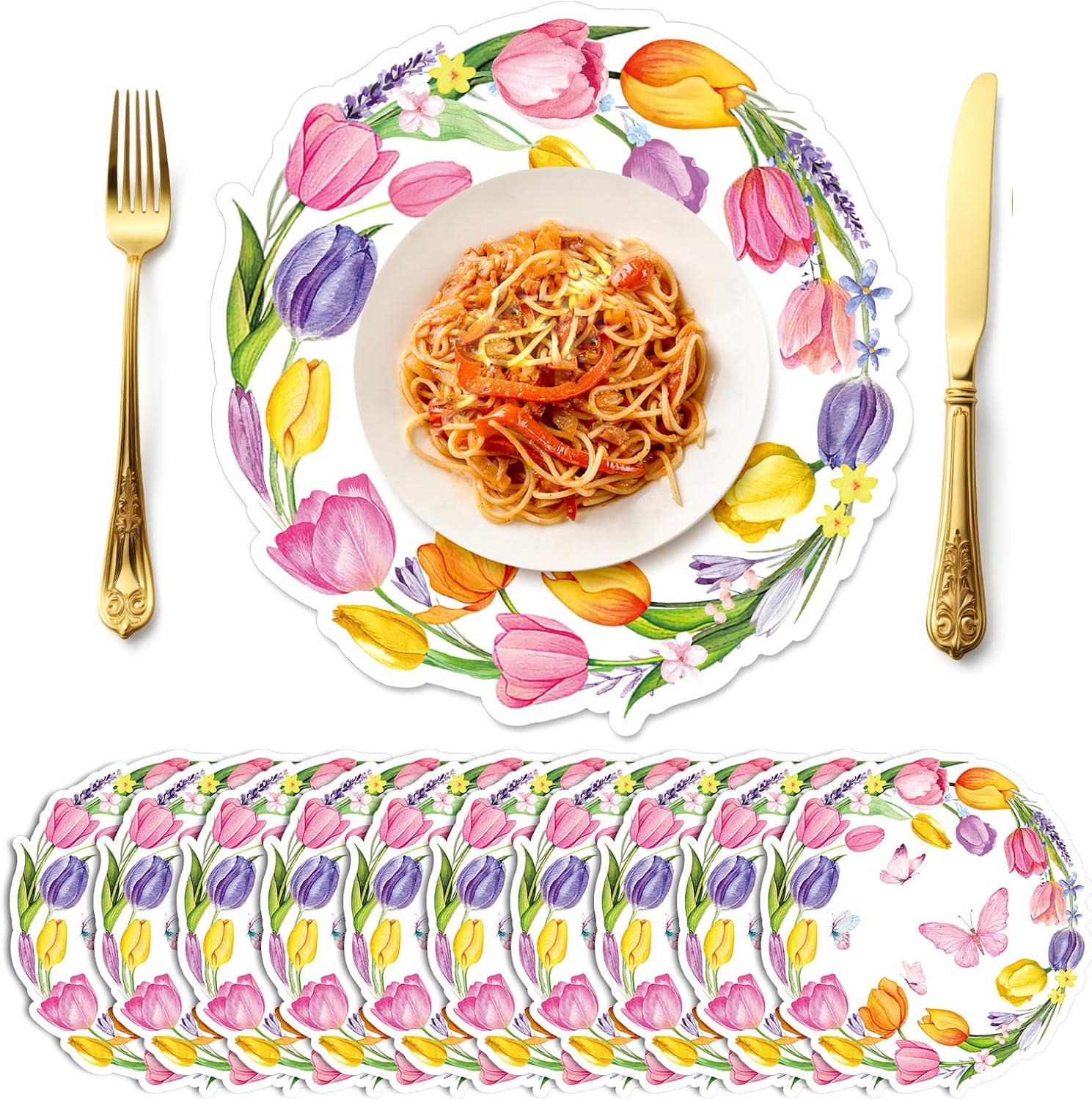 FYSUIMU 50 Sheets Tulip Spring Floral Paper Placemats Watercolor Flower Butterfly Disposable Table Place Mats for Spring Summer Wedding Party Decor Supplies