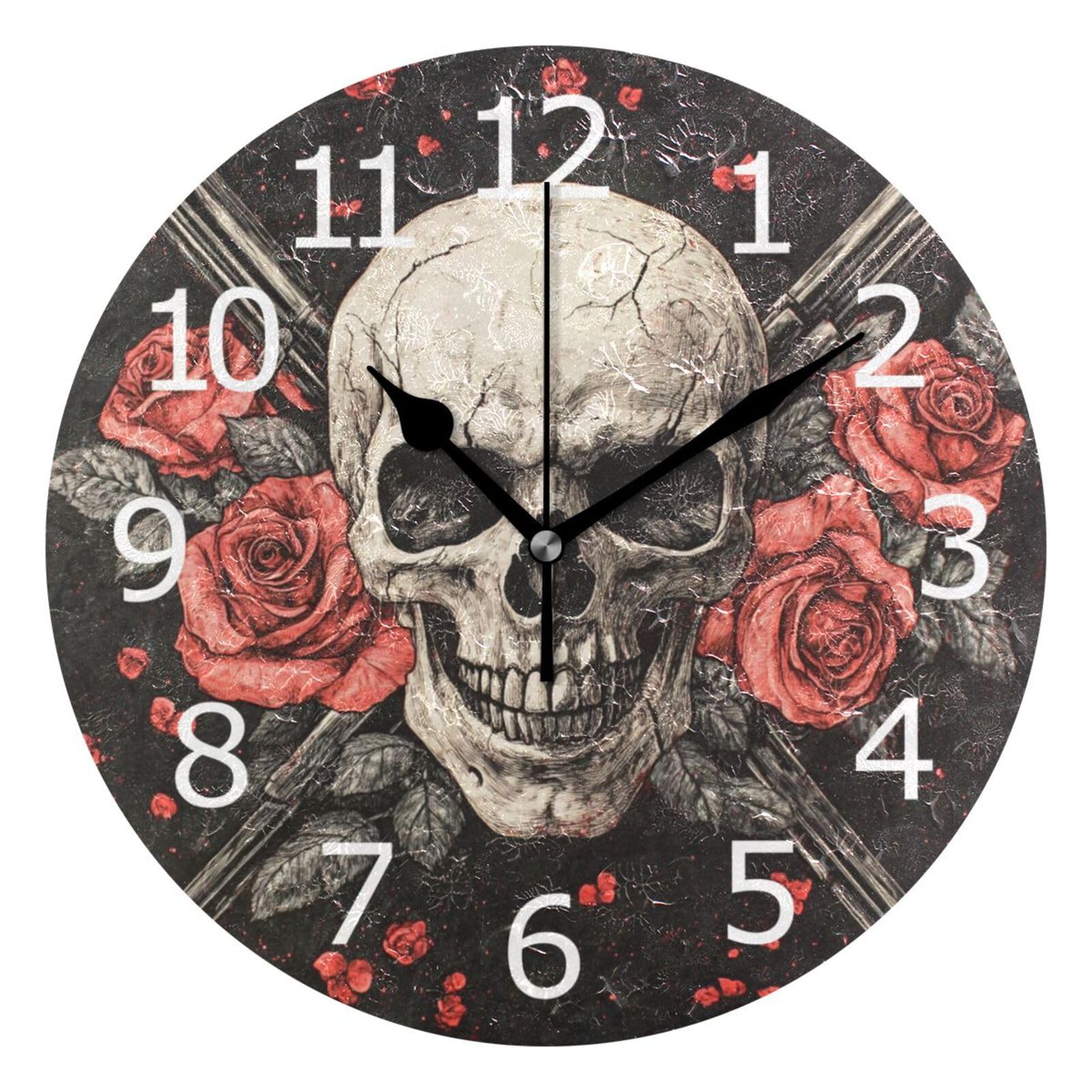 Horloge murale pour bureau et maison design crâne fleuri silencieux