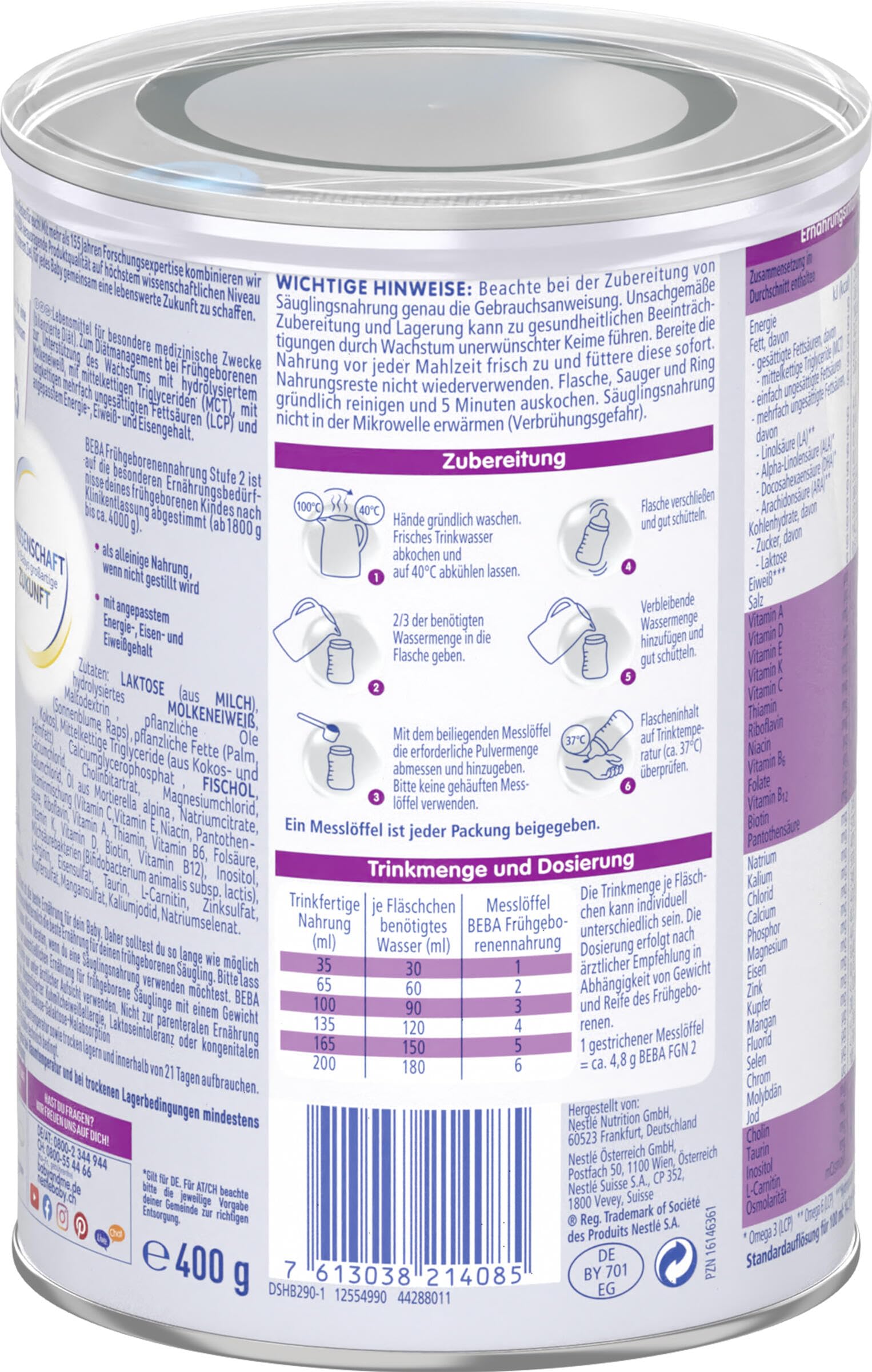 BEBA Frühgeborenennahrung Stufe 2, Spezialnahrung für Frühgeborene und untergewichtige Neugeborene, 12er Pack (12 x 400g)