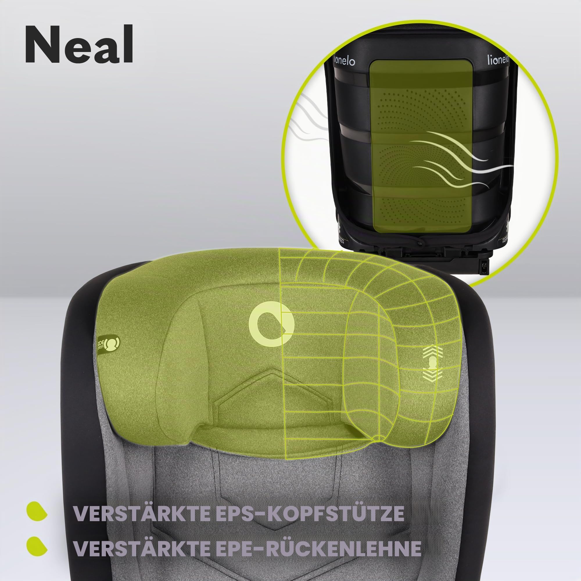 LIONELO Neal Kindersitz 15-36kg, Isofix, Seitenprotektoren, Kennzeichnung | i-Size, 3-fach verstellbare Rückenlehne, Höhenverstellbare Kopfstütze, Belüftungssystem