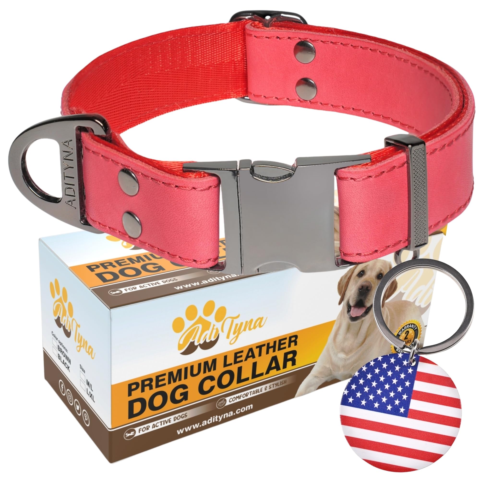ADITYNA - Leather Dog Collar with Metal Buckle for Medium, and Large Dogs - Heavy-Duty, Adjustable, and Leather Tactical Dog Collar (Red, Fits 15-21" Necks)