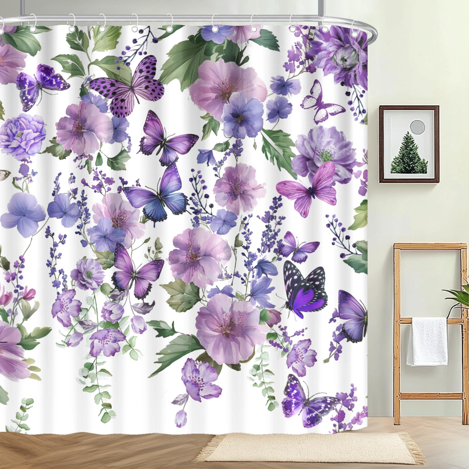 VentuCoven Spring Shower Curtain Purple Shower Curtain for Bathroom Lavender Lilac Floral Waterproof Bath Curtains with Hooks for Home Decor 72x72 in