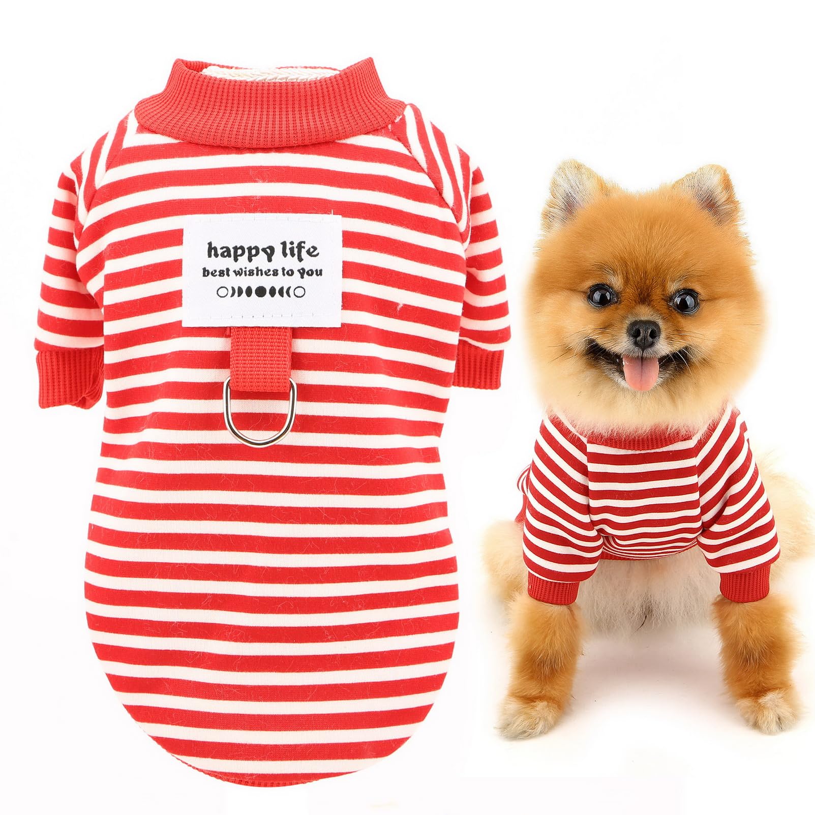 SMALLLEE_LUCKY_STORE Fleece Lined Dog Shirt for Small Dog Striped Pet Pullover T-Shirt with D-ring and Letter Patch Spring Autumn Clothes Puppy Sweatshirt Chihuahua Yorkie Cat Apparel, Red, XL
