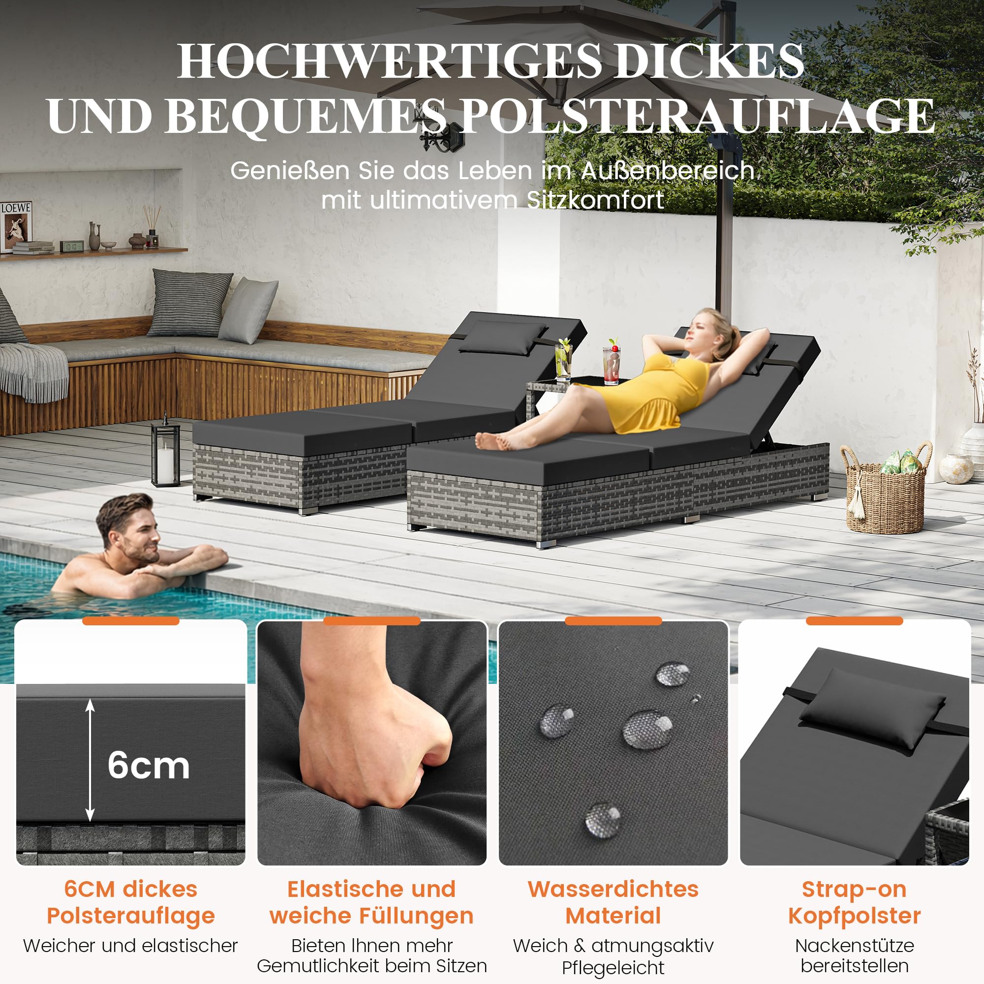 UDPATIO Sonnenliege 2 Personen Set, 3er Gartenmöbel Lounge Set Outdoor inkl. 2 Polyrattan Gartenliegen Wetterfest & 1 Tisch, Sonnenliegen Set für Garten, Terrasse, Balkon (Grau-meliert & Grau Bezüge)