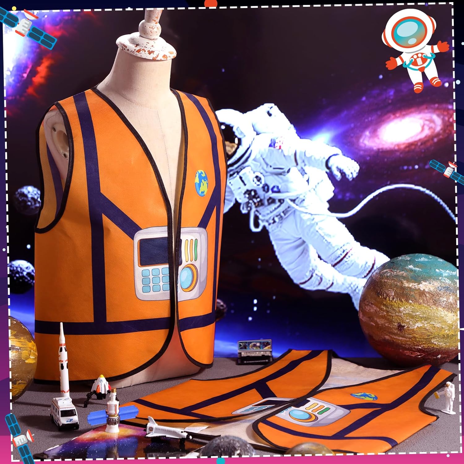 Panitay 2 Pcs Astronaut Costume Vest for Kids Non-woven Costume for Halloween Birthday Nasa Outer Space Theme Party - Image 2