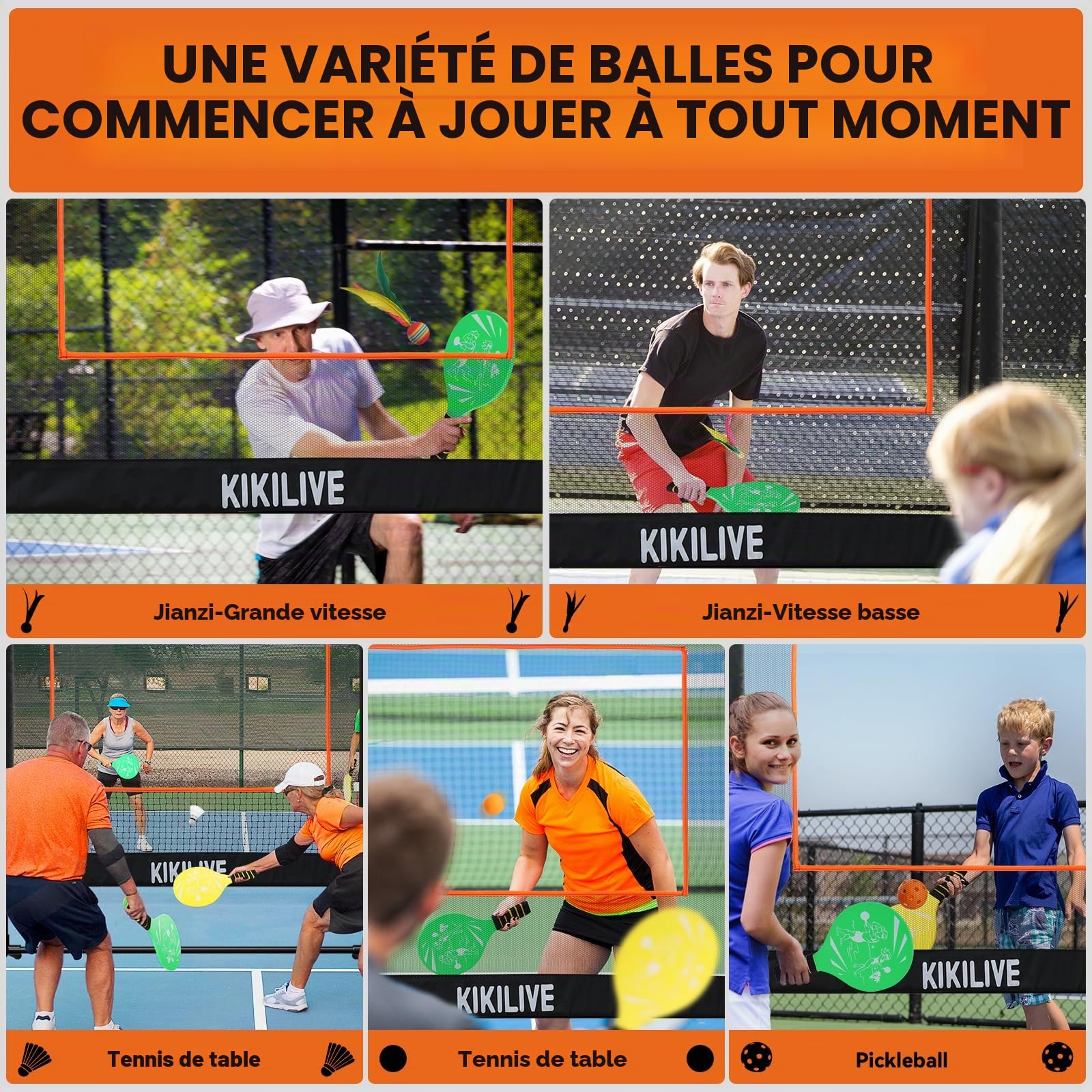 Set de Jeux de Raquettes avec Filet - Set Sportif 4-en-1, Compatible Badminton/Tennis de Table/Volant/Pickleball, Set de Jeux Sportifs Intérieur & Extérieur, pour Plage/Jardin/Maison