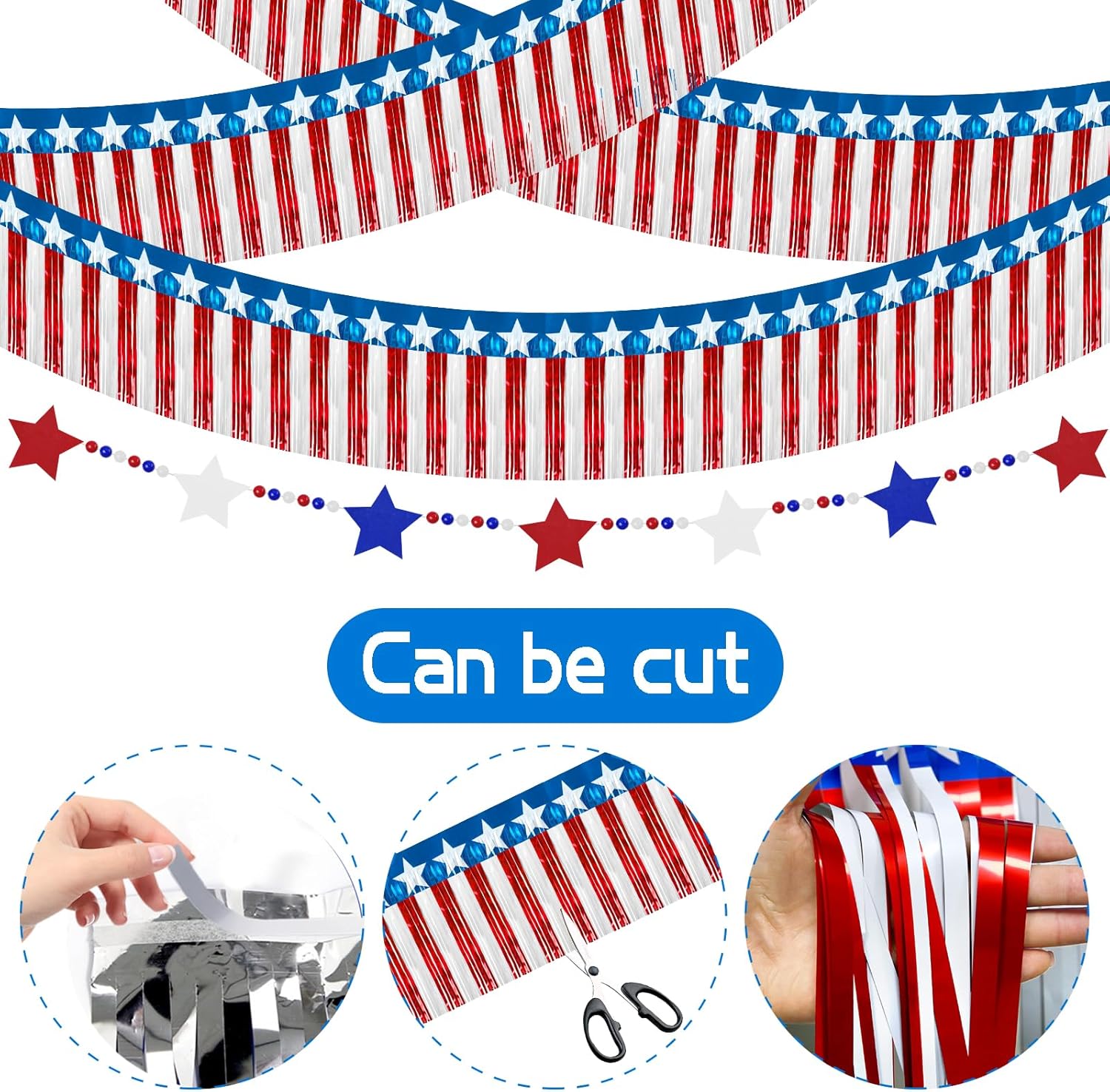 4th of July Decorations 2 Packs 39FT Patriotic Foil Fringe Garland,1 Pack 4.2FT Wooden Bead Garland, Red White Blue Patriotic Metallic Tinsel American Flag Banner of Halloween Party Independence Day - Image 3