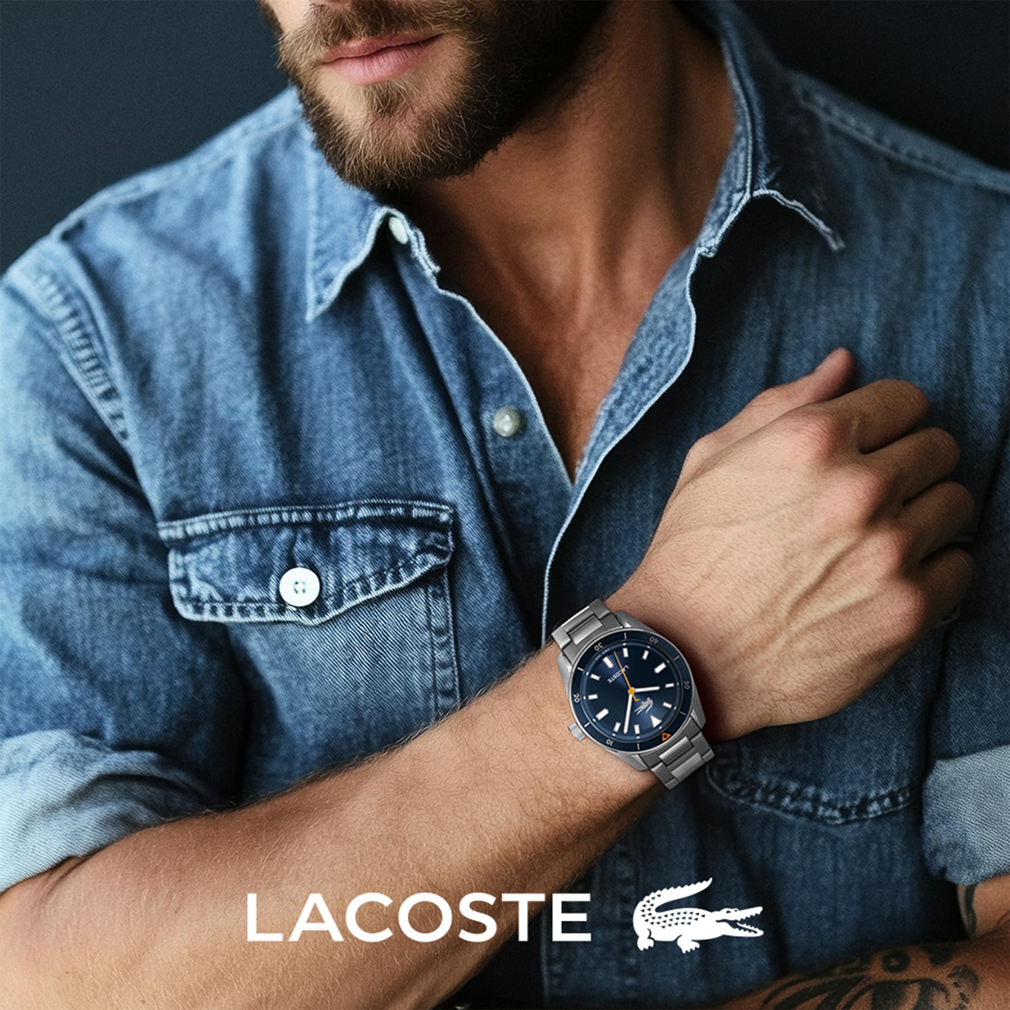 Lacoste Uhr mit DREI-Zeiger-Quarzwerk für Herren Kollektion Boston mit Silbernes Edelstahlarmband - 2011424