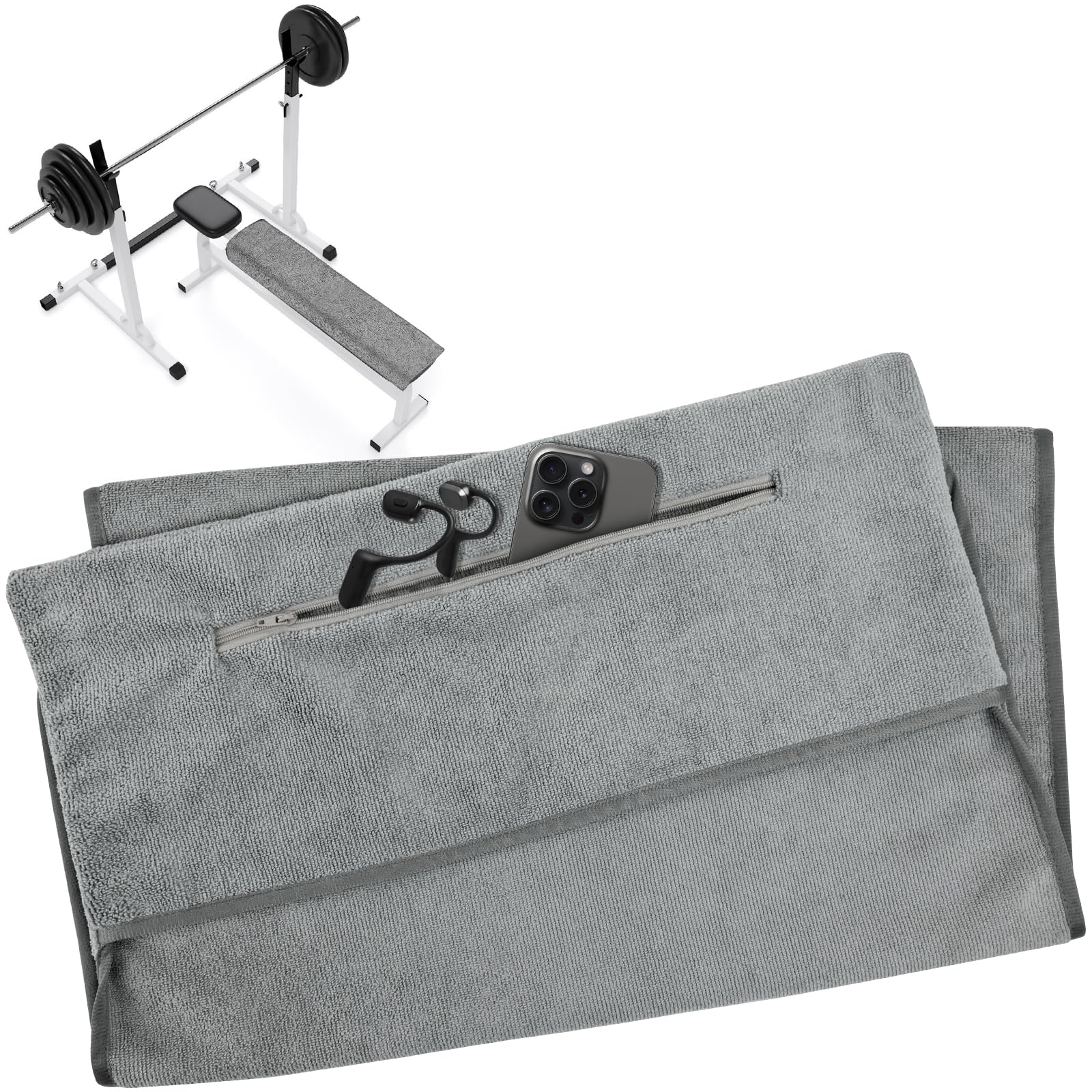 Asciugamano Palestra con Zip, Telo Palestra in Microfibra 120 x 50 cm con Tasca con Cerniera e Cappuccio di Fissaggio, Assorbente e Asciugatura Rapida per Yoga, Sport e Fitness