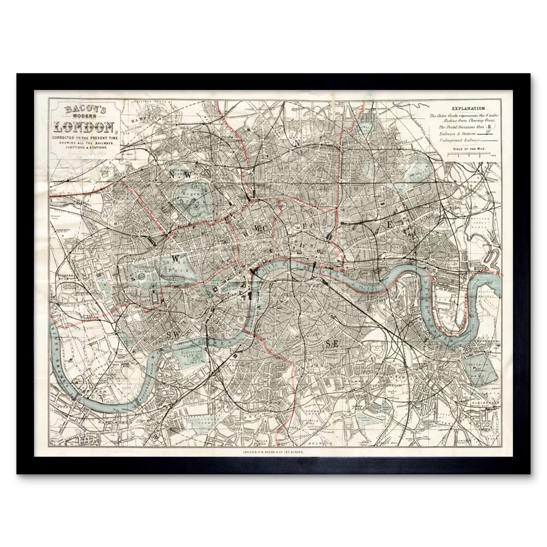 Artery8 Map Bacon 1883 London City England Plan Chart Art Print Framed Poster Wall Decor 12x16 inch