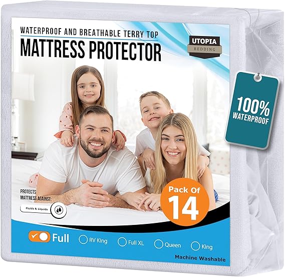 Utopia Bedding Waterproof Mattress Protector Full Size (Pack of 14), Premium Terry Mattress Cover 200 GSM, Breathable, Fitted Style with Stretchable Pockets (White)