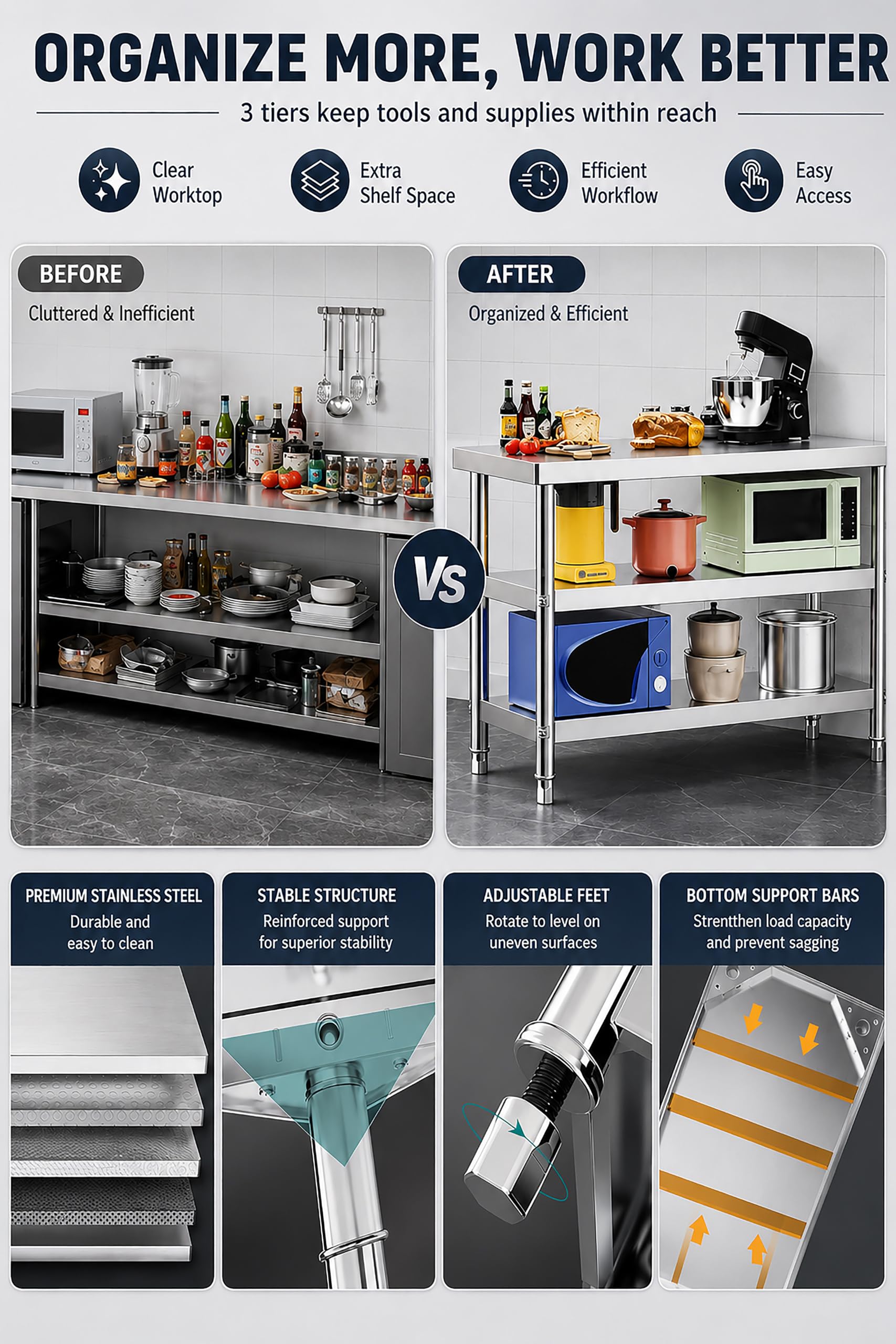 Banco da Lavoro Garage in Acciaio Inox A 3 Ripiani H 95 Cm, Tavolo da Esterno per Grigliate Scaffali Acciaio Inox Banco da Cucina per Ristoranti Negozi Magazzini,120x50x95cm