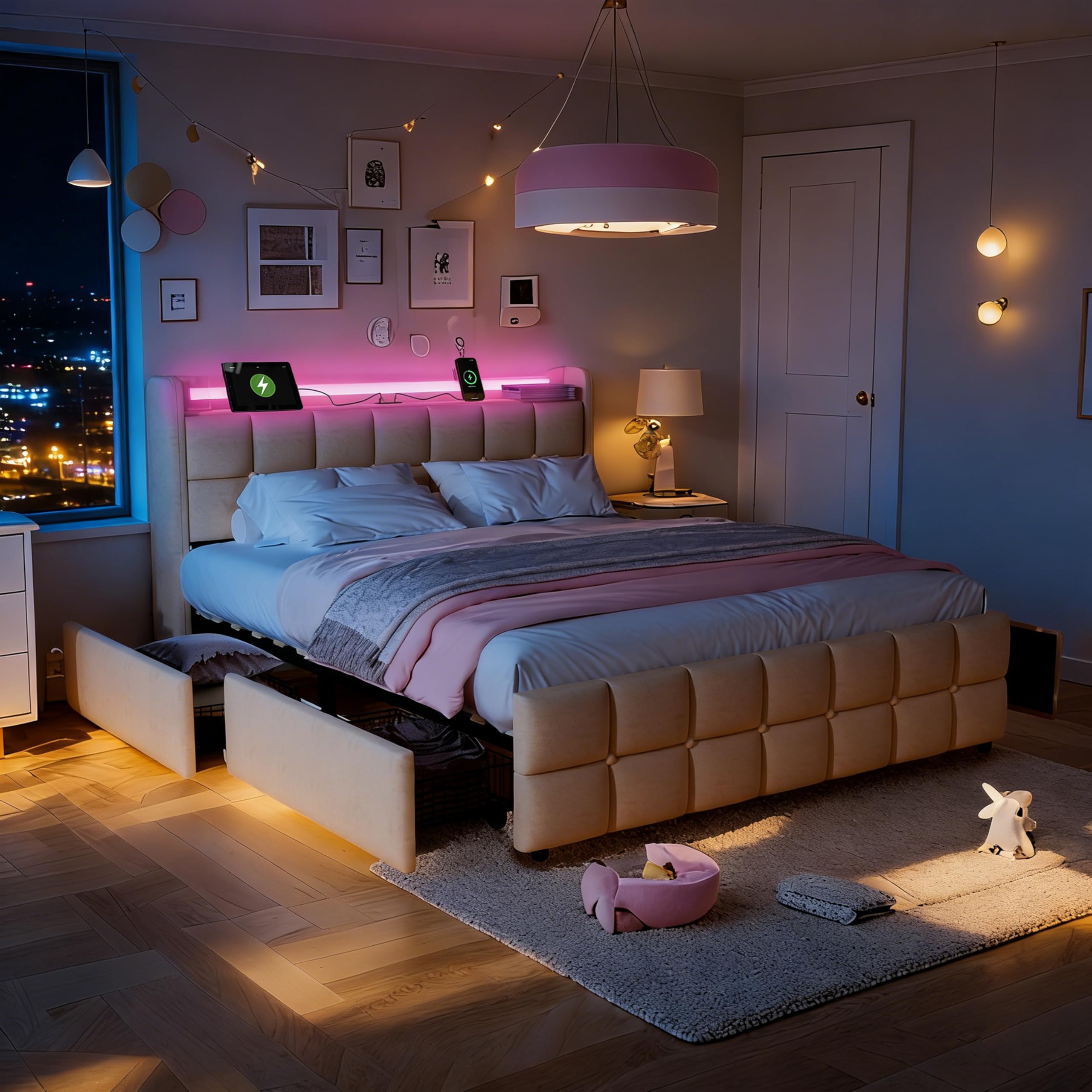Marco de Cama tapizado, 160x200 cm, con 4 cajones de Almacenamiento, estación de Carga y cabecero LED, Cama Plataforma Moderna con Listones de Madera, Lino, Beige