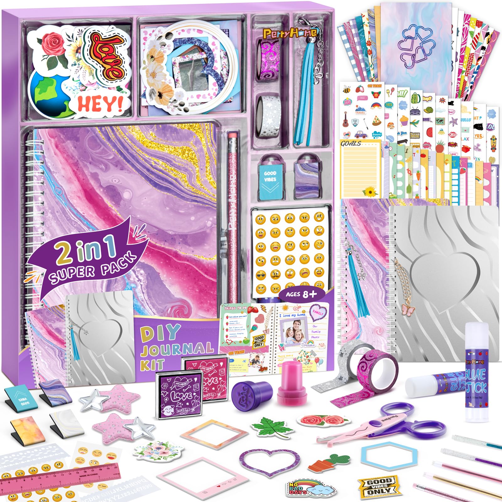 PERRYHOME DIY Journal Kit for Girls Ages 8-14, 2-Pack Journal Set for Tween & Teen Girls, Scrapbook & 100+Pcs Diary Supplies Set,DIY Stationery Set, Gifts for 8 9 10 11 12 13 14 Year Old Girl Birthday