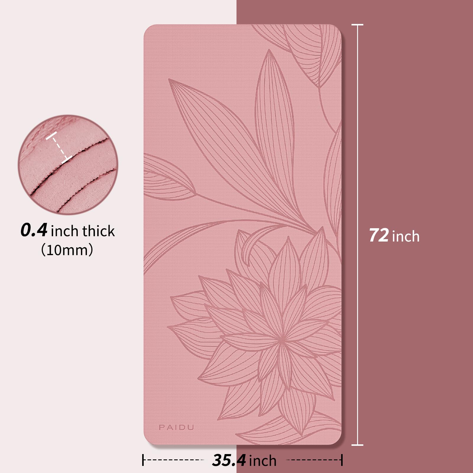 PAIDU Large Yoga Mat-72’x36’x0.4’ Extra Width ? Thick,Comfortable,Non-Slip Exercise Mat-Works Great on All Floor for Stretching,Yoga Studio,Gym or Home Workouts (Pink)