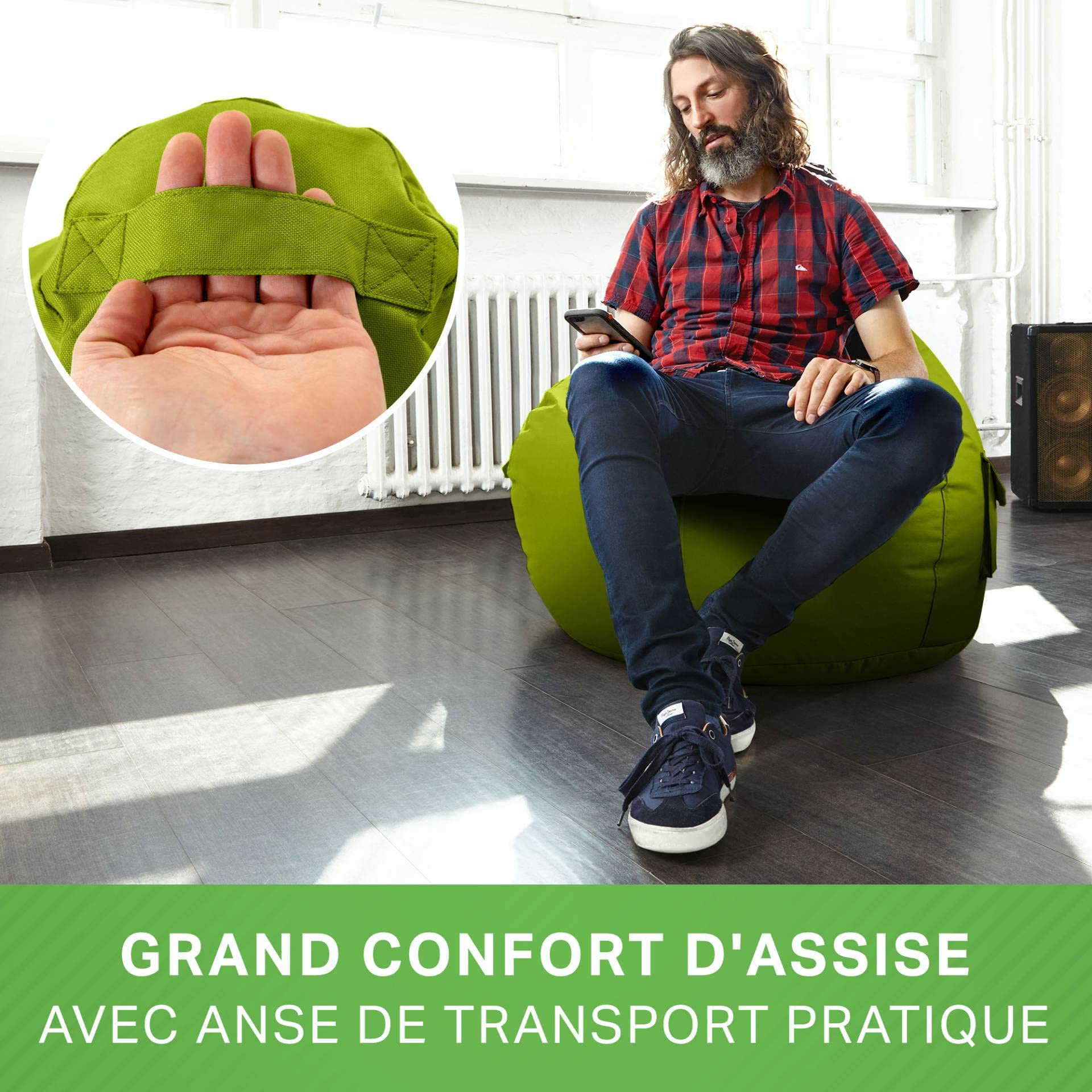 Green Bean© Pouf avec Dossier 80x70x90cm - Gaming Chair avec Remplissage 230L Doux Moelleux Lavable - Bean Bag Coussin de Sol Lounge Chair TABOURETS Fauteuil Relax Gamer Siège de Gaming Vert