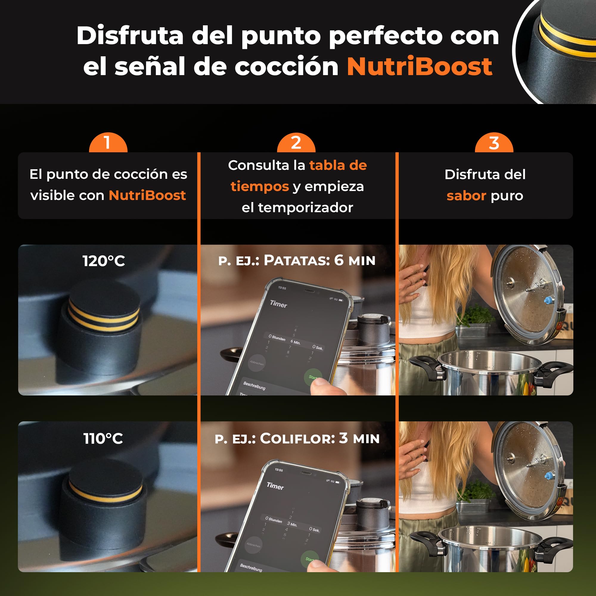 QUIXO Olla express 6l Pressure cooker Inducción (6L Set + Tapa vidrio) | Cierre QuickSafe con señal de cocción