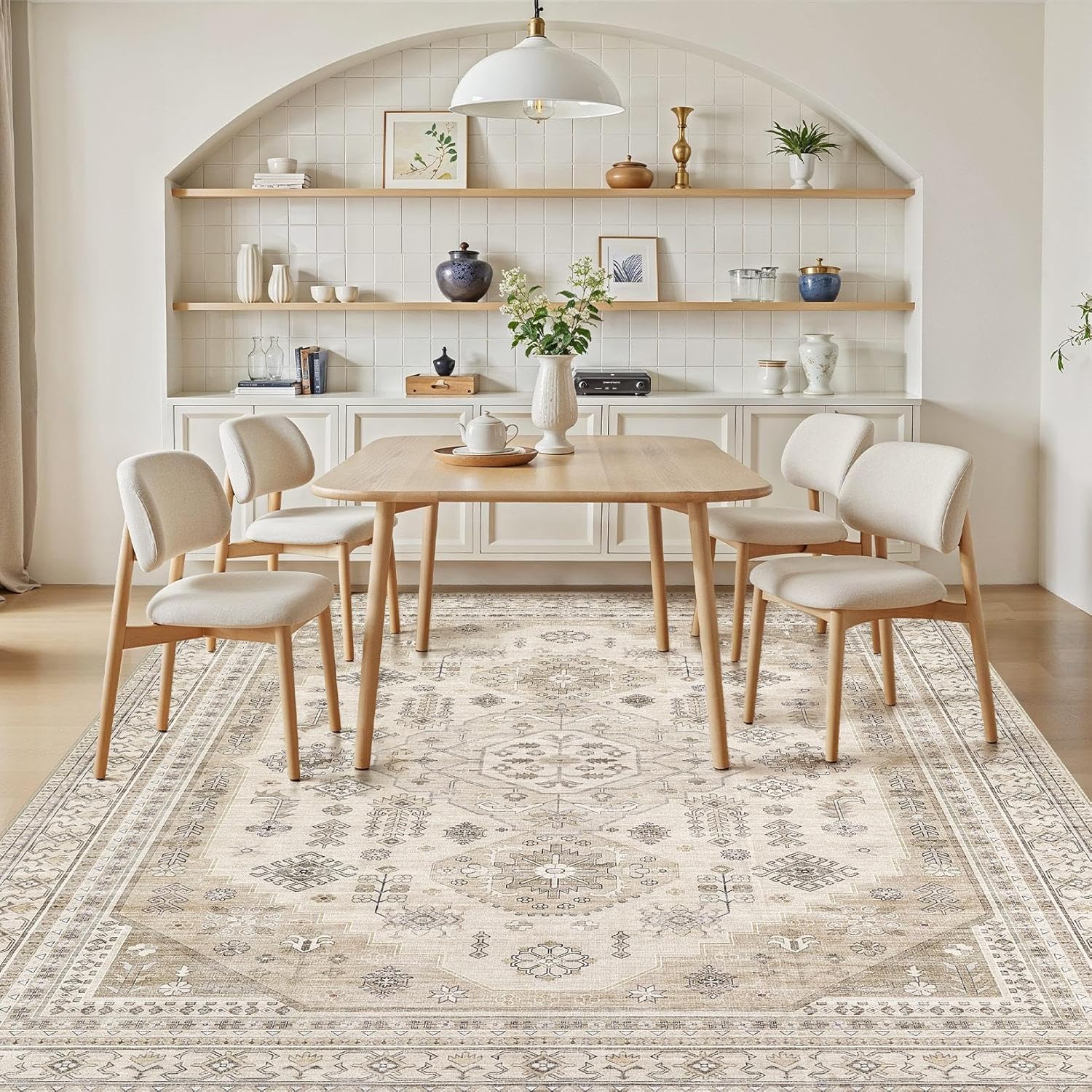 8x10 Washable Area Rug, Large Rugs for Living Room Stain Resistant Non Slip Backing Soft Low Pile Vintage Carpet for Bedroom Dining Room Kid & Pet Friendly Home Decor - Beige