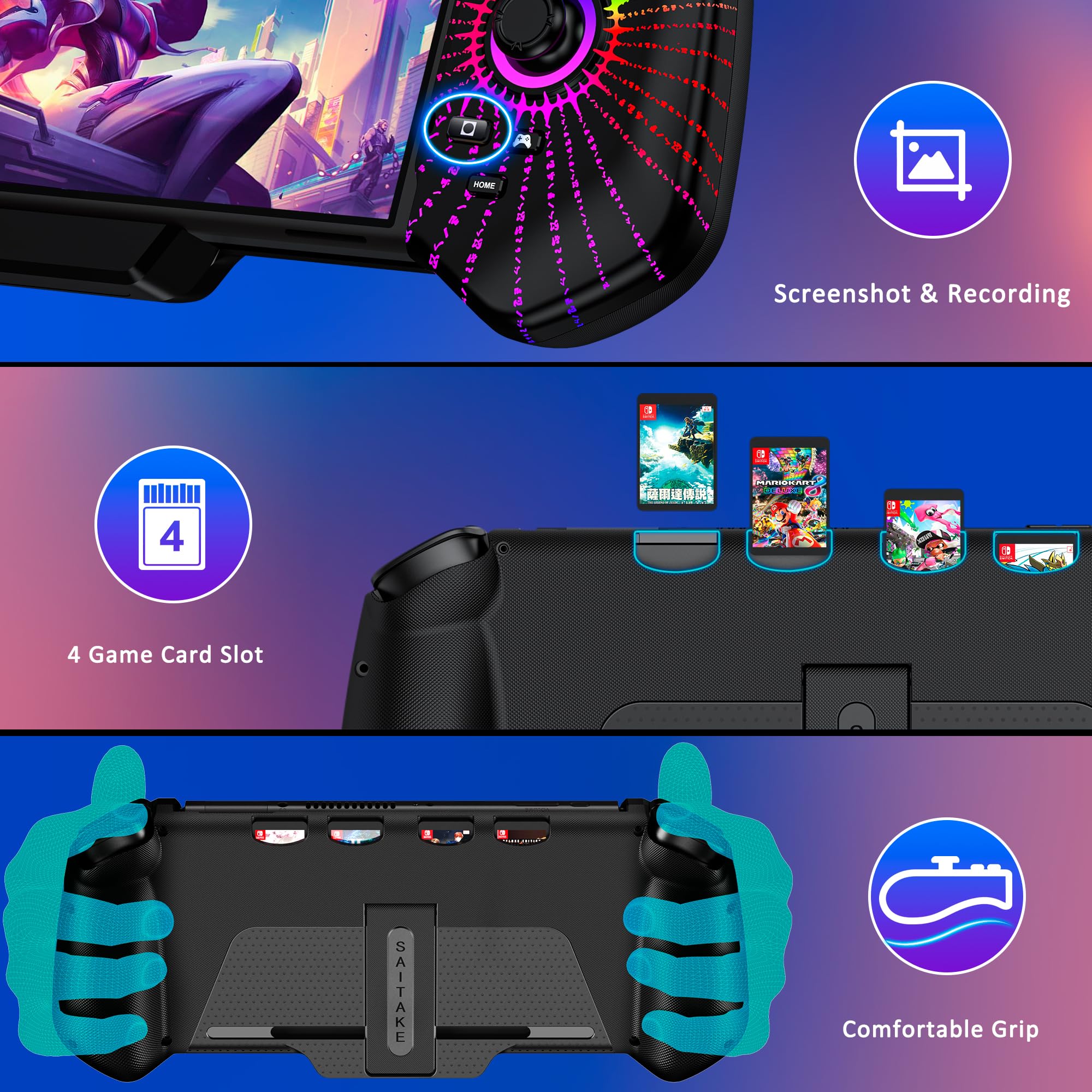 Verbesserter Hall-Effekt-Joystick-Switch-Controller für Nintendo Switch/OLED, kein Drift, kabelgebundener Pro-Controller mit LED-Beleuchtung, Spielkartenspeicher & ergonomischem Griff