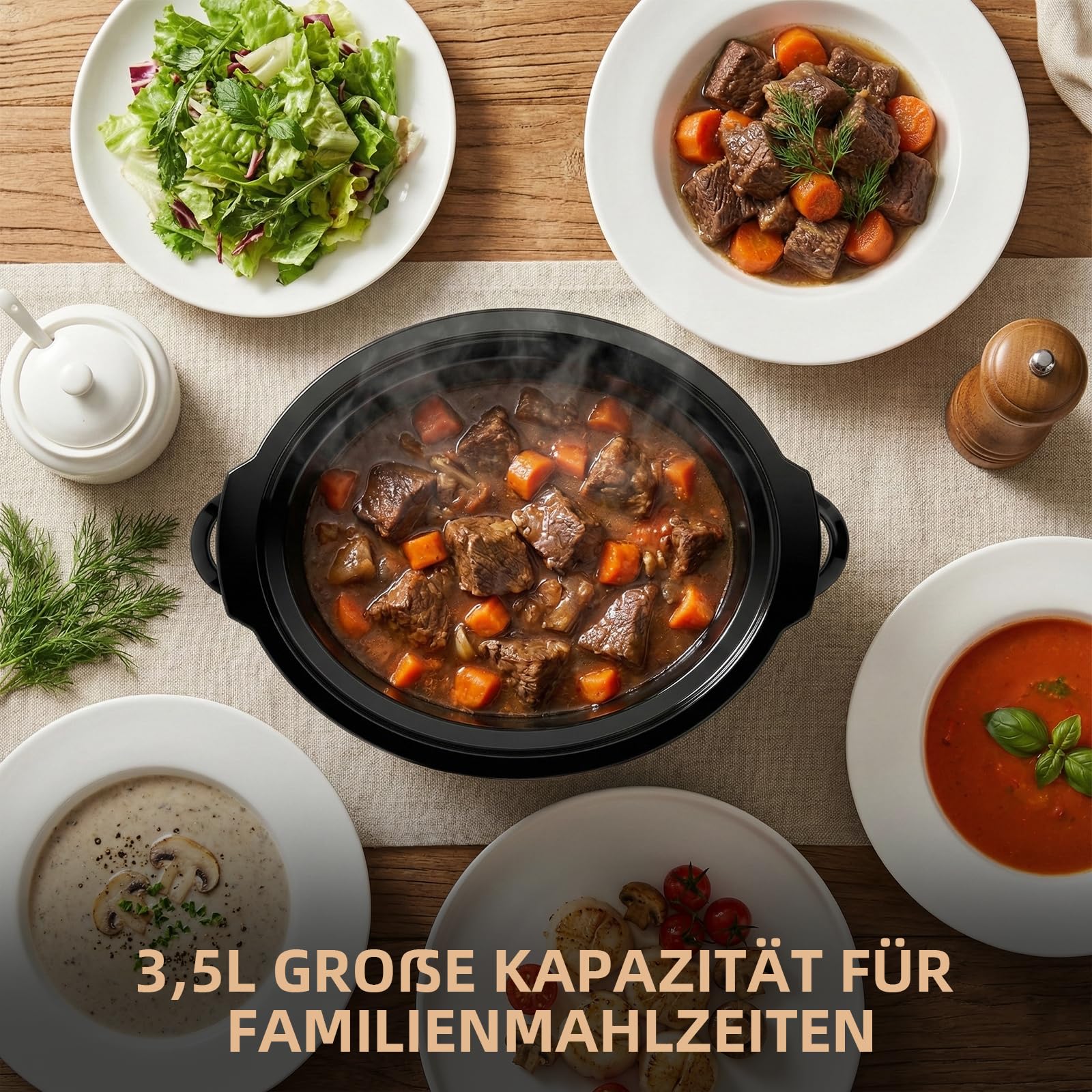 Slow Cooker - Pentola elettrica in ceramica con coperchio in vetro, con funzione di mantenimento in caldo, risparmio energetico, lavabile in lavastoviglie, ideale per stufato, zuppa, carne