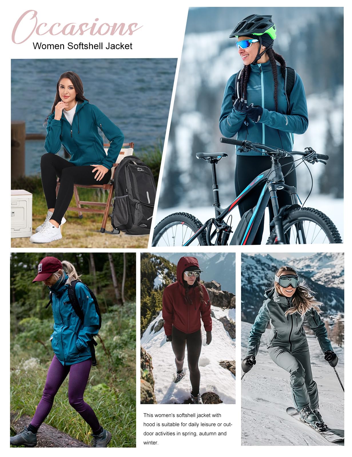 CMTOP Giacca Softshell Donna in Pile Caldo Giacca Idrorepellente Giacca a Vento Autunno Inverno Primavera Giubbotto Con Cappuccio per Trekking Running Pesca Ciclismo
