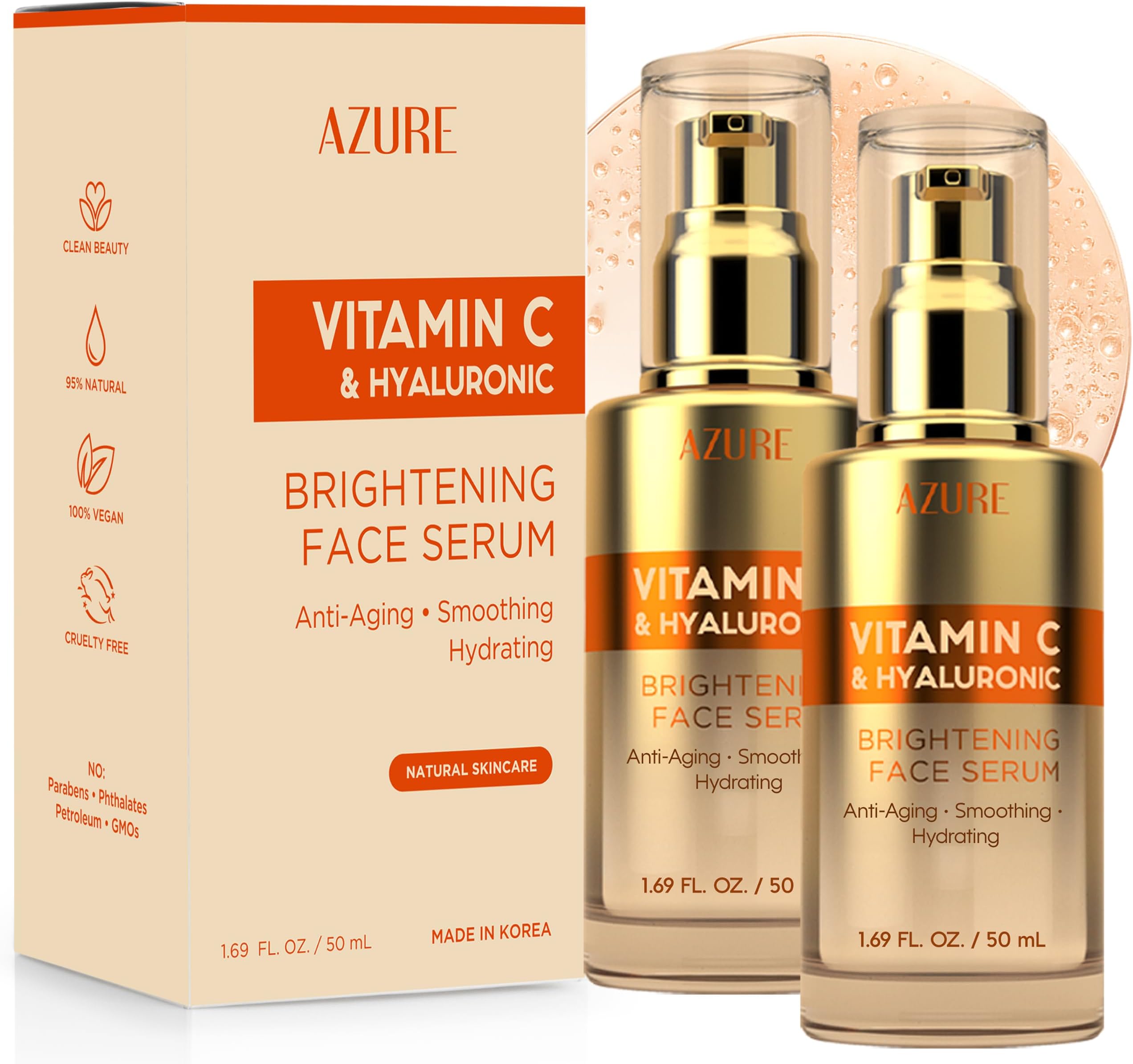 Azure Cosmetics Vitamin C Serum For Face - Dermatologist Tested, Anti-Aging with Hyaluronic Acid for Dark Spots, Fine Lines & Wrinkles - Brightning, Clean, Korean Skincare for Glass Skin - 2 Pack