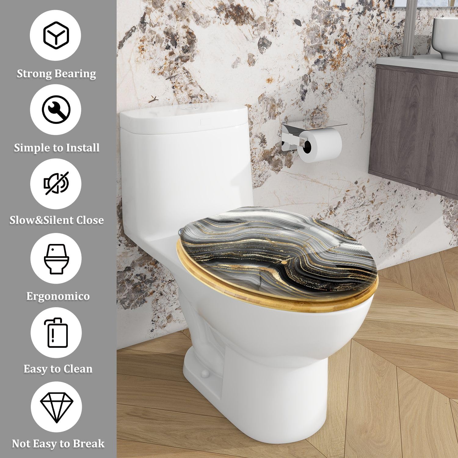 Copriwater decorativo allungato in legno con chiusura ammortizzata e sgancio rapido, motivo astratto in pietra, agata, venature dorate e marmorizzazione, facile da installare.