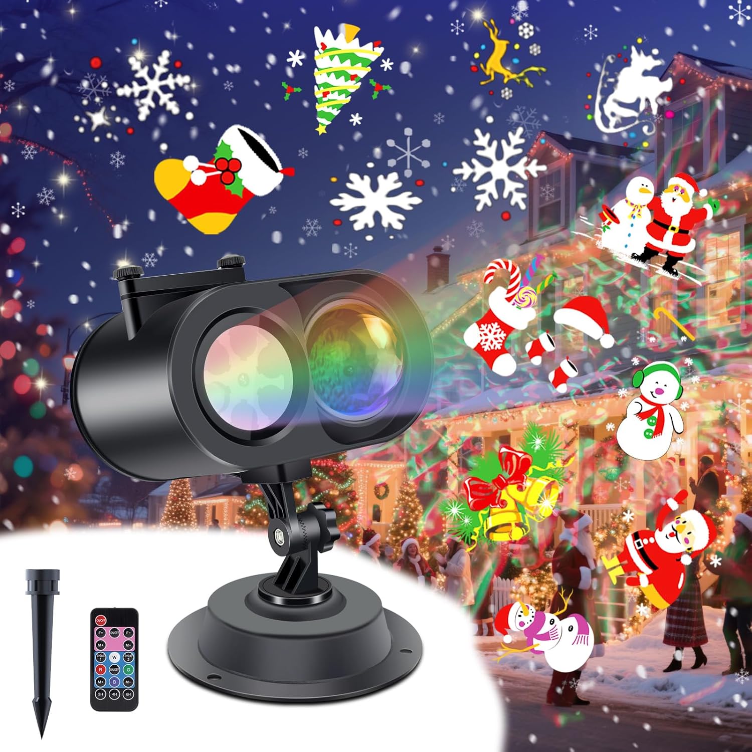 Christmas Projector Lights Outdoor, 2-in-1 HD Moving Pattern Holiday Projector Lights with Remote Control (12 Slides, 15 Colors), IP65 Waterproof Christmas Decorations with Timer,Three Fixing Methods