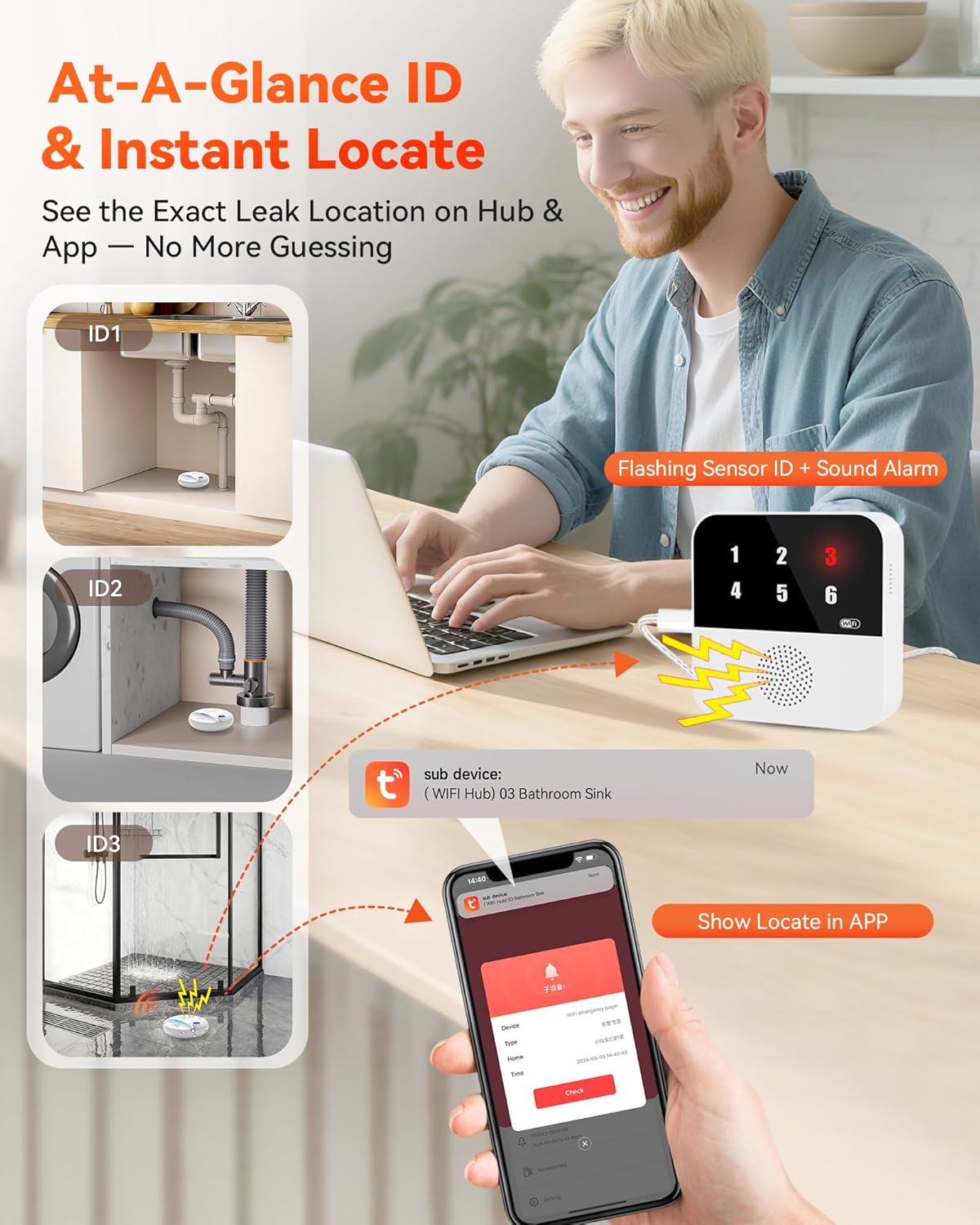 WIFI Water Leak Detector 4-Pack (Siren) + Samrt Hub with Number Display to Pinpoint Leaks, Multi-Point Alarm, APP Aler, IP67 Wireless Water Sensor & Drip Alarm for Home, Basement, Bathroom