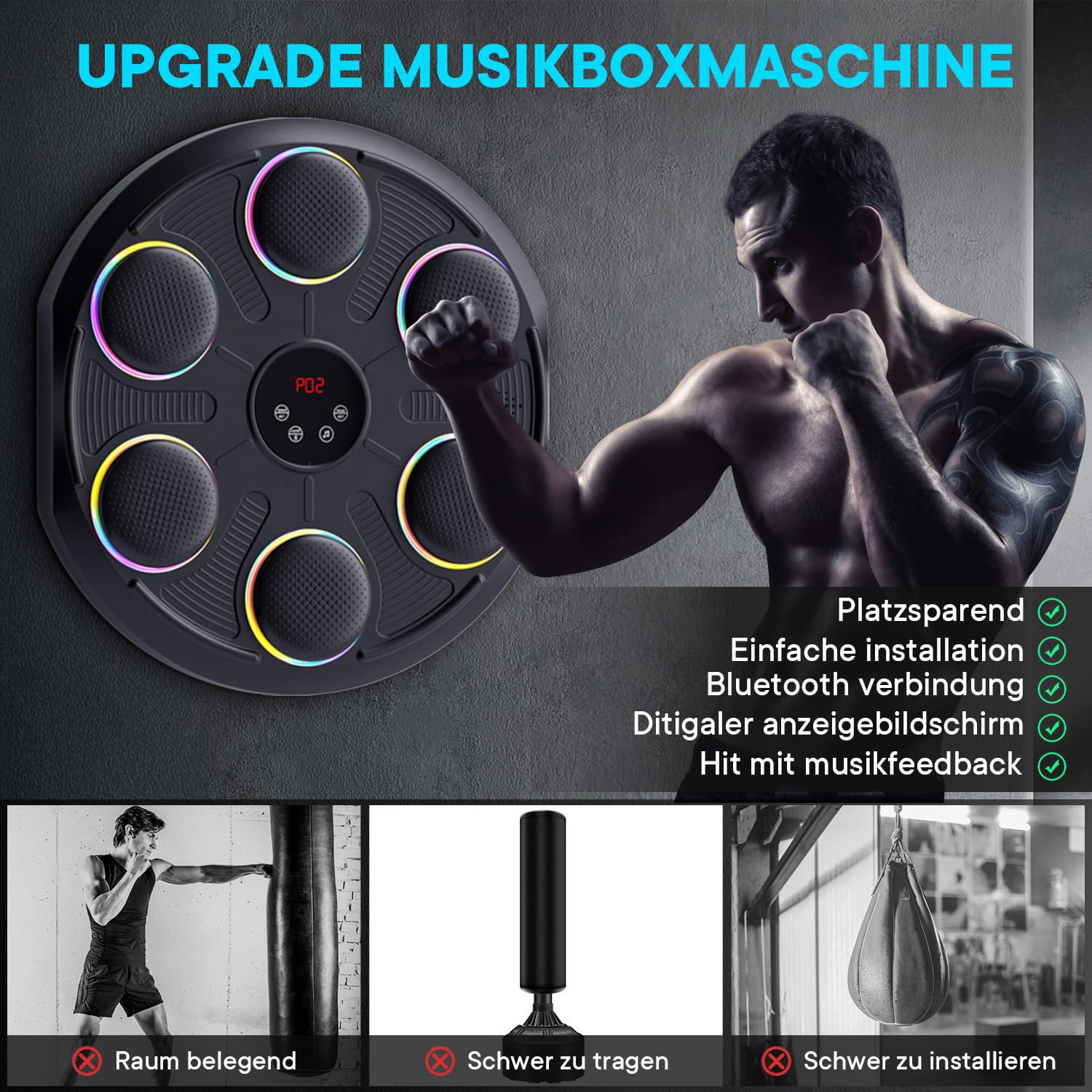 Music Boxing Machine, LED Elektronische Musik Boxing Machine mit MMA Boxhandschuhen, 12 Geschwindigkeitsmodi und Zählmodus Boxing Machine Unterstützt Bluetooth für Kinder und Erwachsene