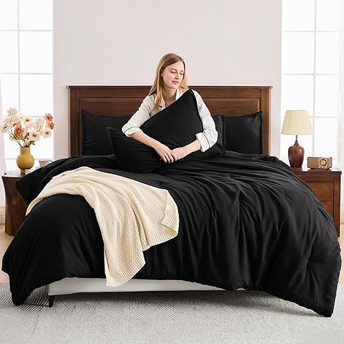 Miniatura 2 de Andency Juego de edredón negro tamaño Queen, edredón ligero de 3 piezas para hombres y mujeres, juego de edredón alternativo de microfibra suave