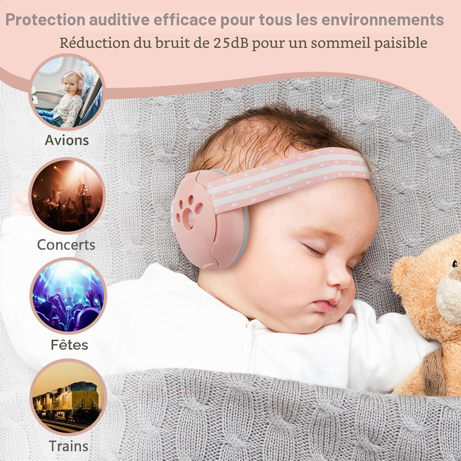 Cache-oreilles 2 en 1 pour Bébé, Casque Antibruit Bébé,Casque Anti Bruit Bebe pour Protection Contre le Bruit (0-4 ans), Réduction de Bruit de 25dB, Bandeau Réglable et Coque ABS Légère