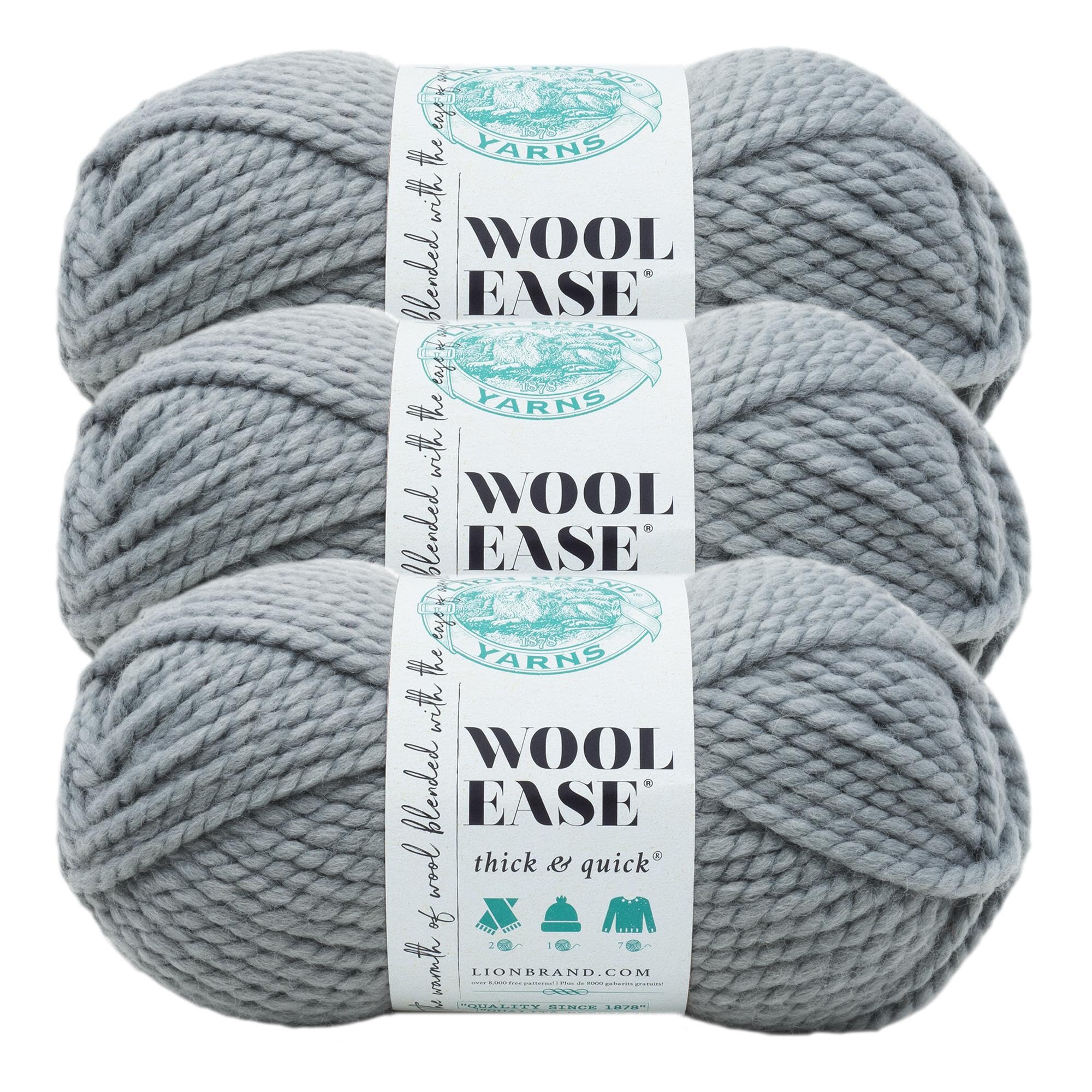 Lion Brand Yarn, Wool-Ease Thick &amp; Quick Yarn, Slate, Gray, 3 Pack