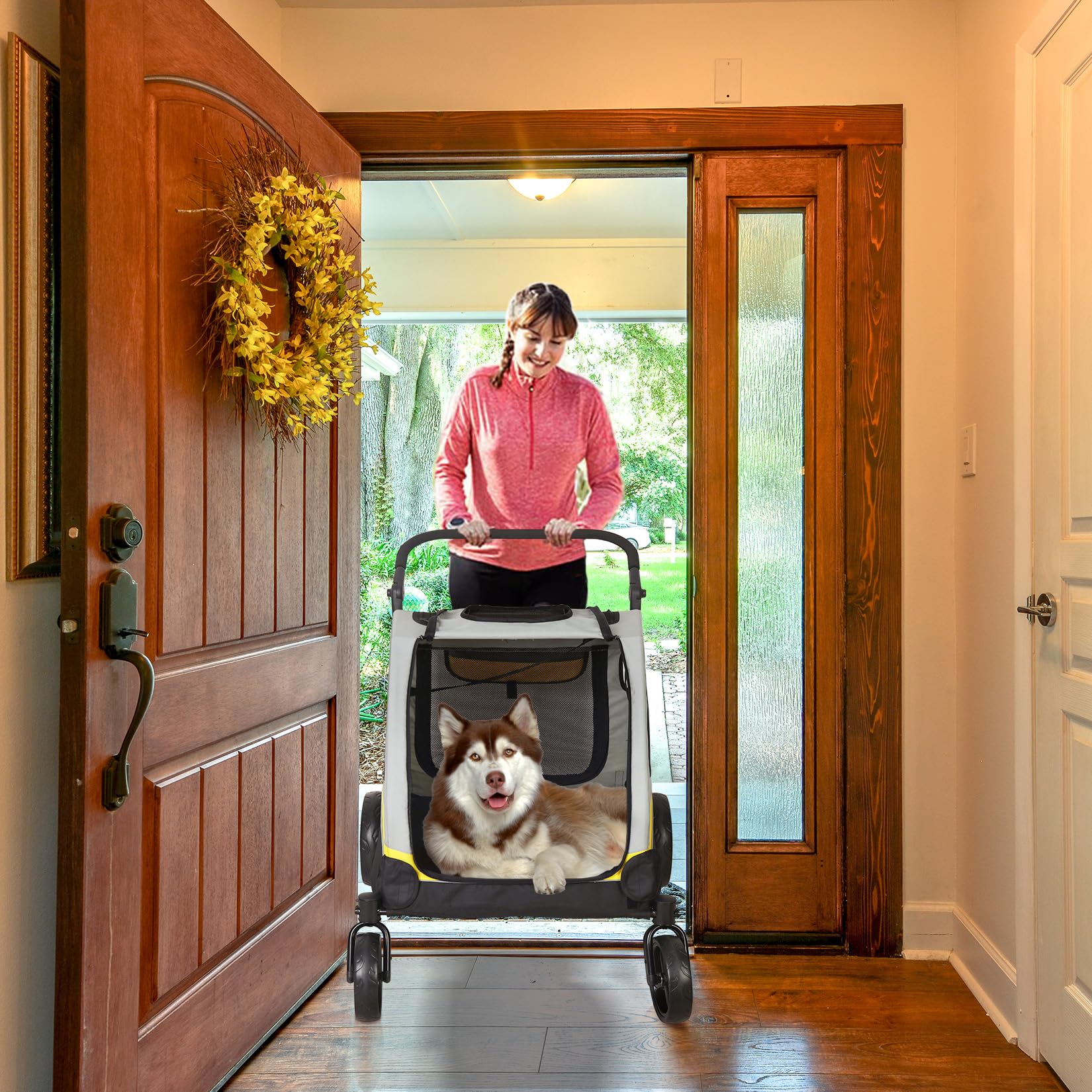 BingoPaw XL Passeggino per cani Grandi 65 kg Passeggino per Animali Domestici Pieghevole, Ruote dei freni per cani, Traspirante, Ammortizzante, Sicuro