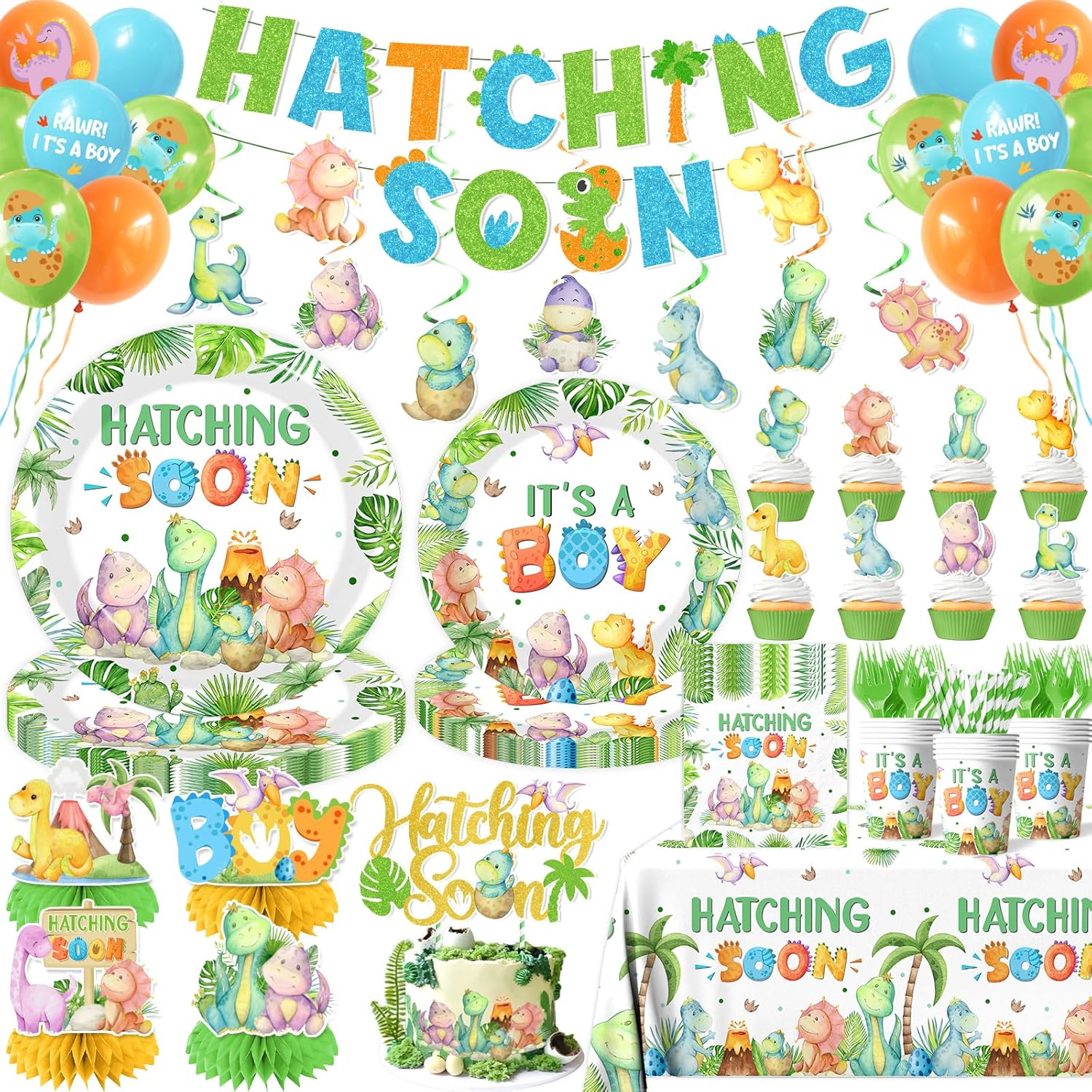Dinosaur Baby Shower Decorations, Hatching Soon Party Ddecorations includes It's A Boy Plates Dinosaur Napkins and Balloons, Hatching Soon Dino Party Decorations for Boy Baby Shower, Serve 24