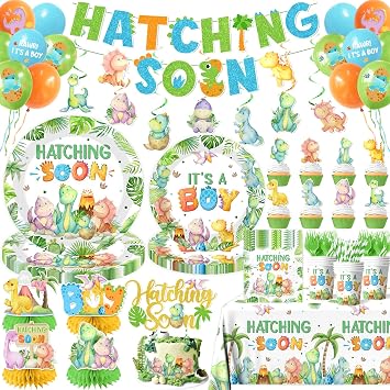 Dinosaur Baby Shower Decorations, Hatching Soon Party Ddecorations includes Its A Boy Plates Dinosaur Napkins and Balloons, Hatching Soon Dino Party Decorations for Boy Baby Shower, Serve 24