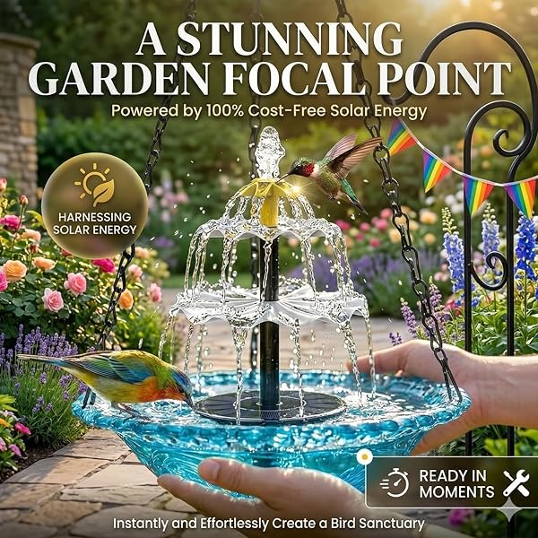 Pipihome Vogeltränke Hängend, Vogeltränke mit Solar Springbrunnen, 3 Stufig Solarbetriebenes Vogelbad mit Metallketten zum Aufhängen für Garten Hof Terrasse Lockt Vögel - 3