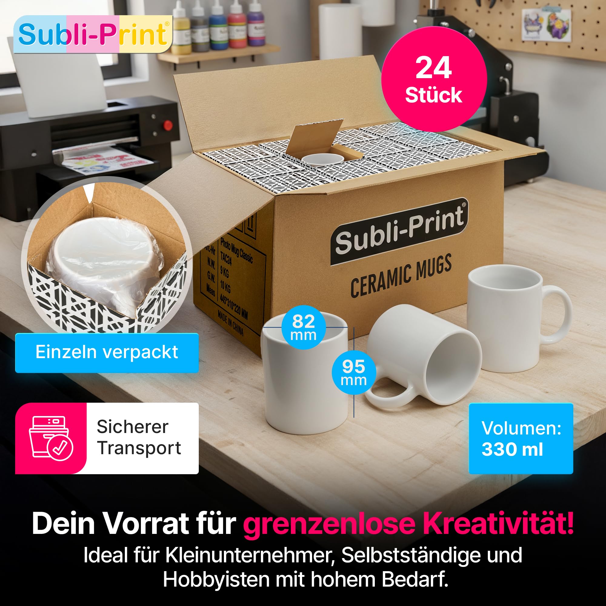 Sublimationstassen Classic - 24x Sublimationstassen AAA Classic – hochwertige Sublimation Rohlinge, einzeln im Transportkarton, perfekt für Sublimationsdruck & Fototassen.