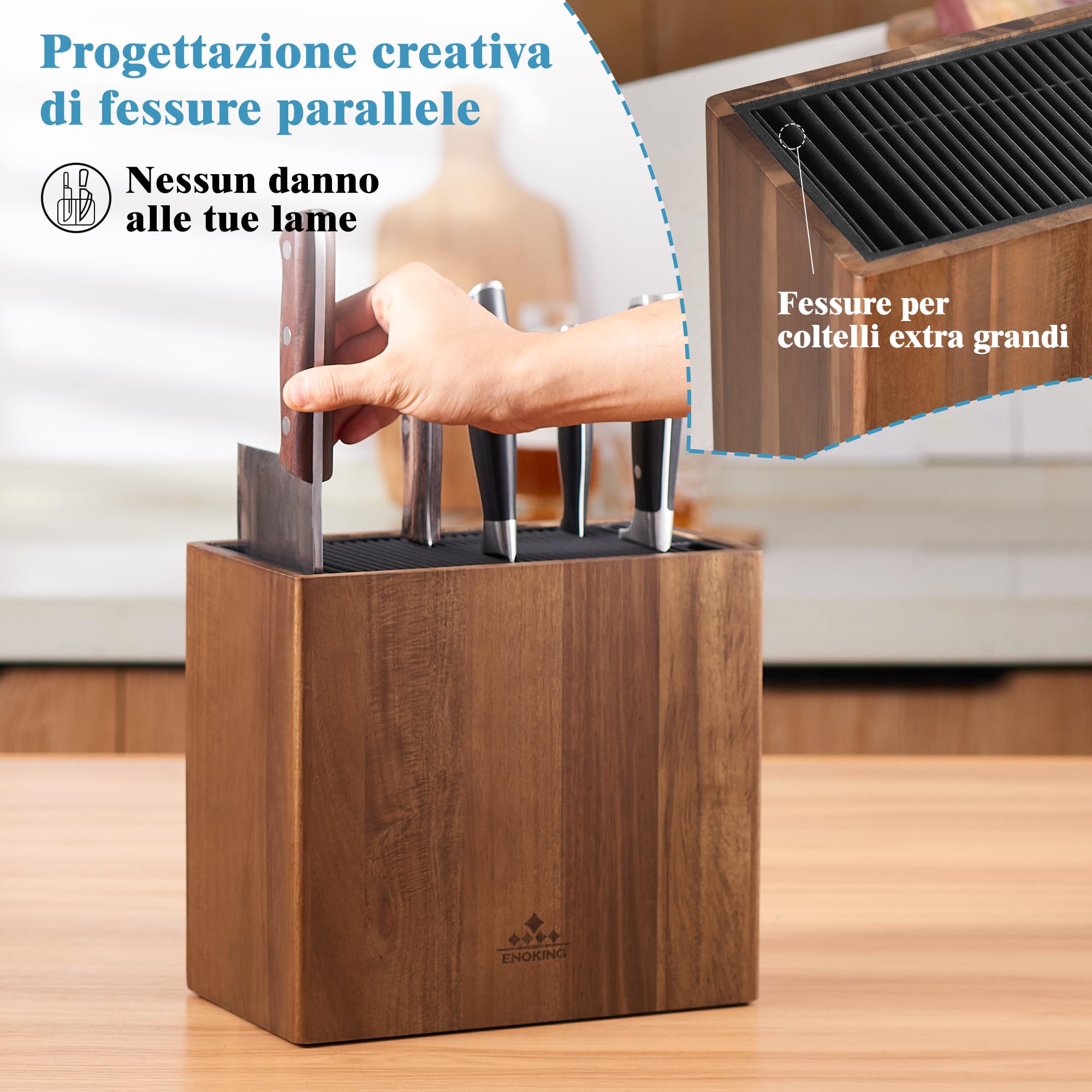 ENOKING Porta Coltelli Cucina in Legno di Acacia, Portacoltelli da Cucina Universale Con coperchio in Plastica, Ceppo Coltelli Vuoto di Alta Qualità per Coltelli/Bastoncini per Affilare