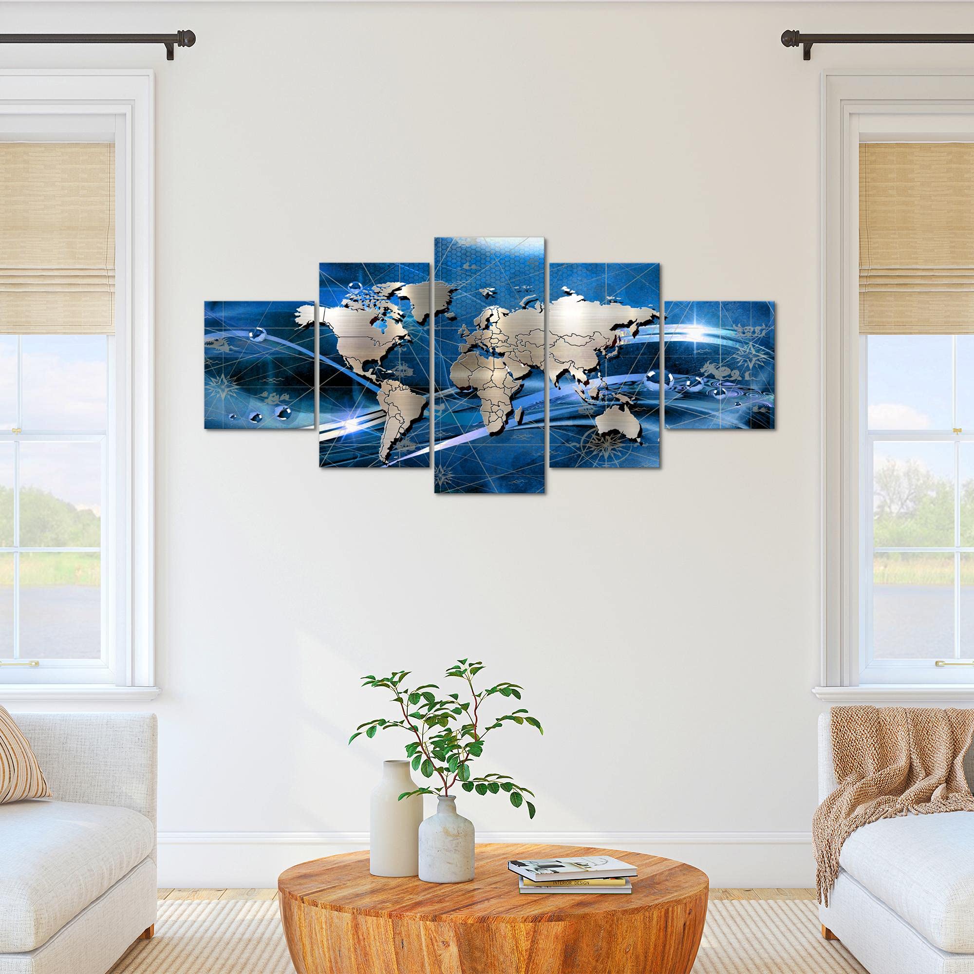 Runa Art - Cuadros Decorativos Mapa Del Mundo 200 x 100 cm 5 Piezas XXL Decoracion de Pared Diseño Azul 106851a