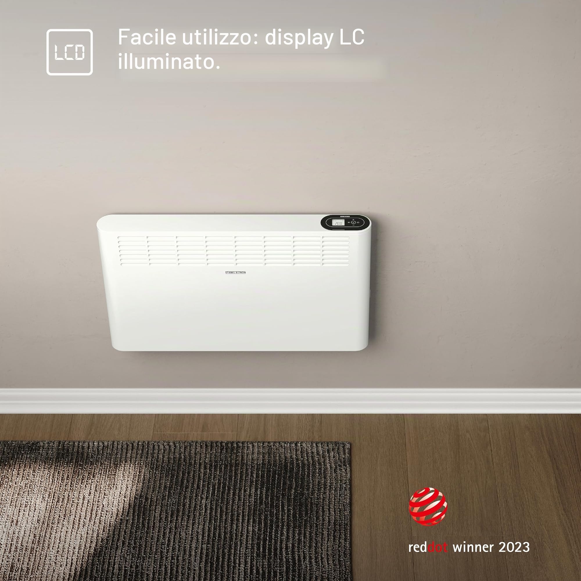STIEBEL ELTRON Convettore da parete CNS 2000 Plus LCD, 2 kW per circa 25 m², certificato TÜV, display LCD, timer settimanale, riscaldamento elettrico a risparmio energetico, bianco, 205857