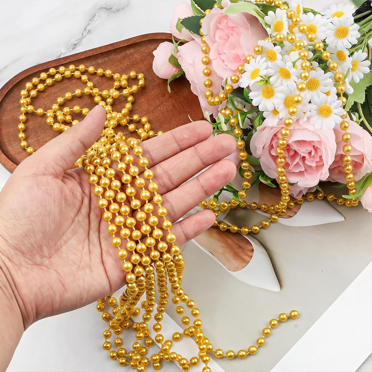 16 Feet Gold Pearl Garland for Decorating, 6mm Gold Faux Pearl String for Wedding Party Christmas Tree Decorations, Pearl Strands for DIY Crafts